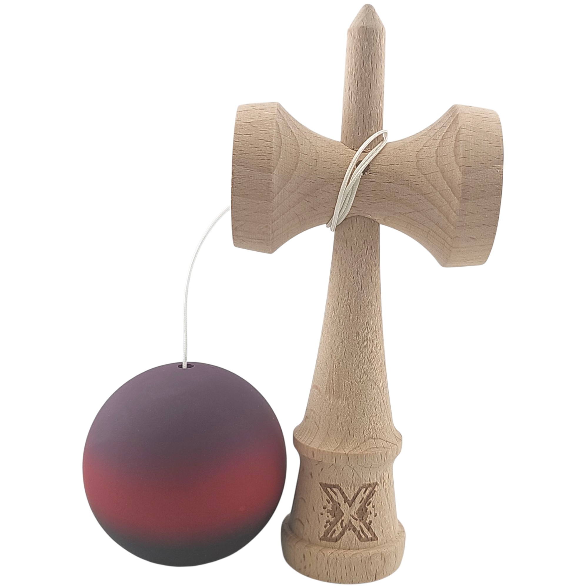 Kendama X Originala, Profesionala, Flippy, 18 cm, din Lemn, Rubber Grip, Mov/Rosu/Negru - imagine 2