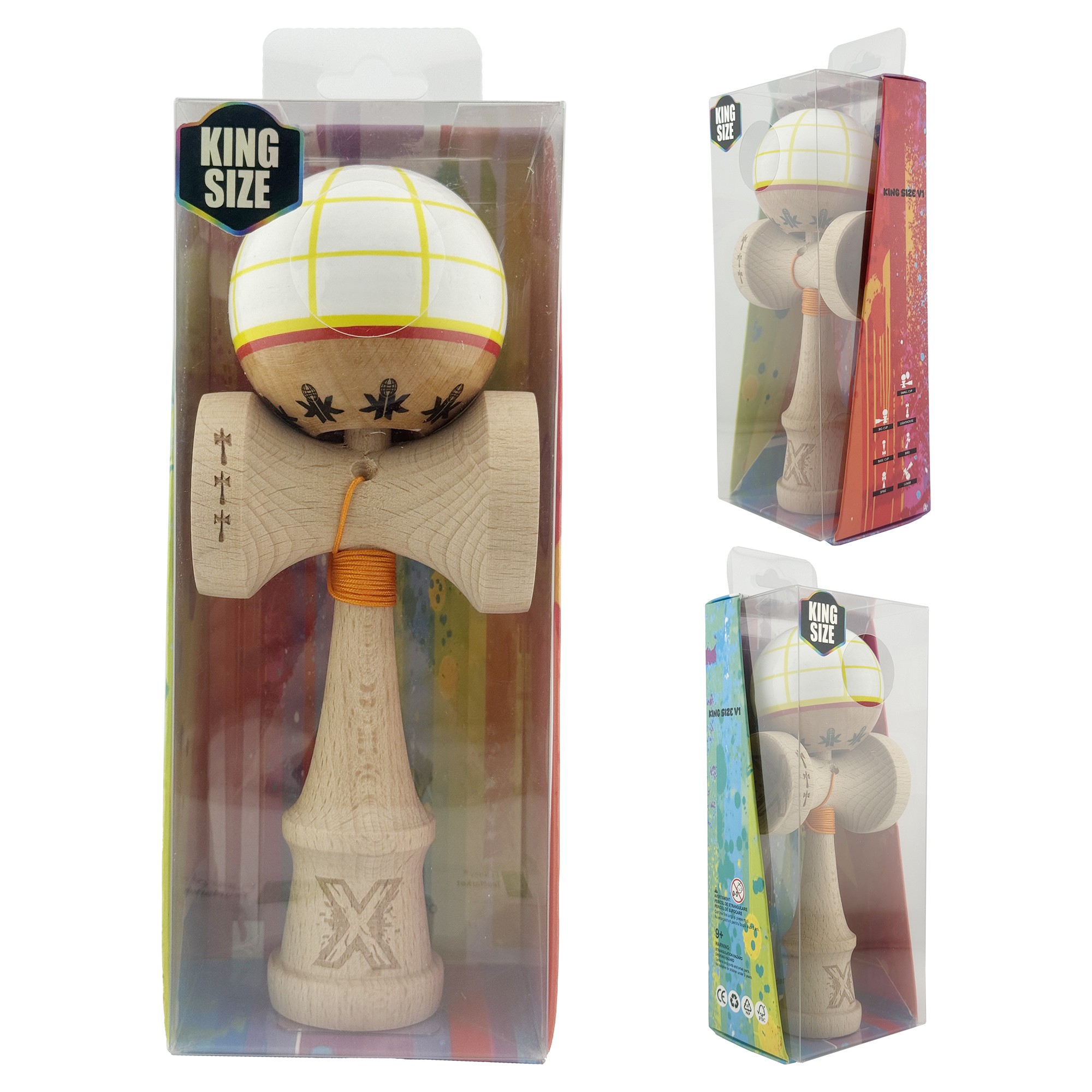 Kendama X Originala, Profesionala, Flippy, Big Cups V2, Model Glob Super Sticky Legendary Cupe Mari, Rulment Metalic cu Ata 55 cm, Alb/Galben/Rosu - imagine 4