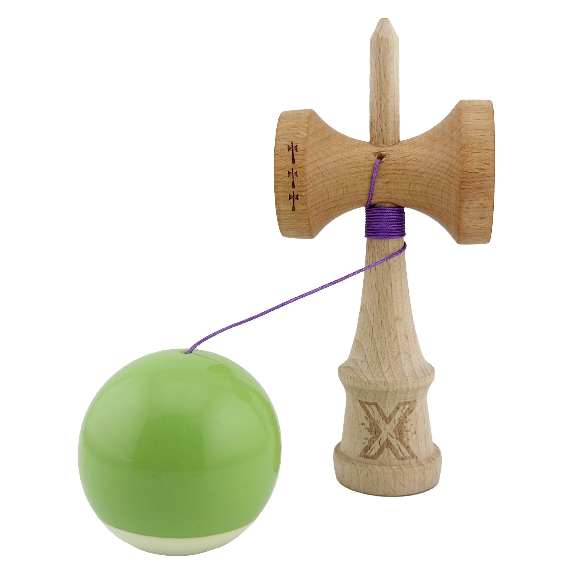 Kendama X Originala, Profesionala, Flippy, Big Cups V2, Super Sticky cu Cupe Mari, din lemn 18 cm, Rulment Metalic cu Ata 55 cm, Verde deschis/Alb - imagine 3