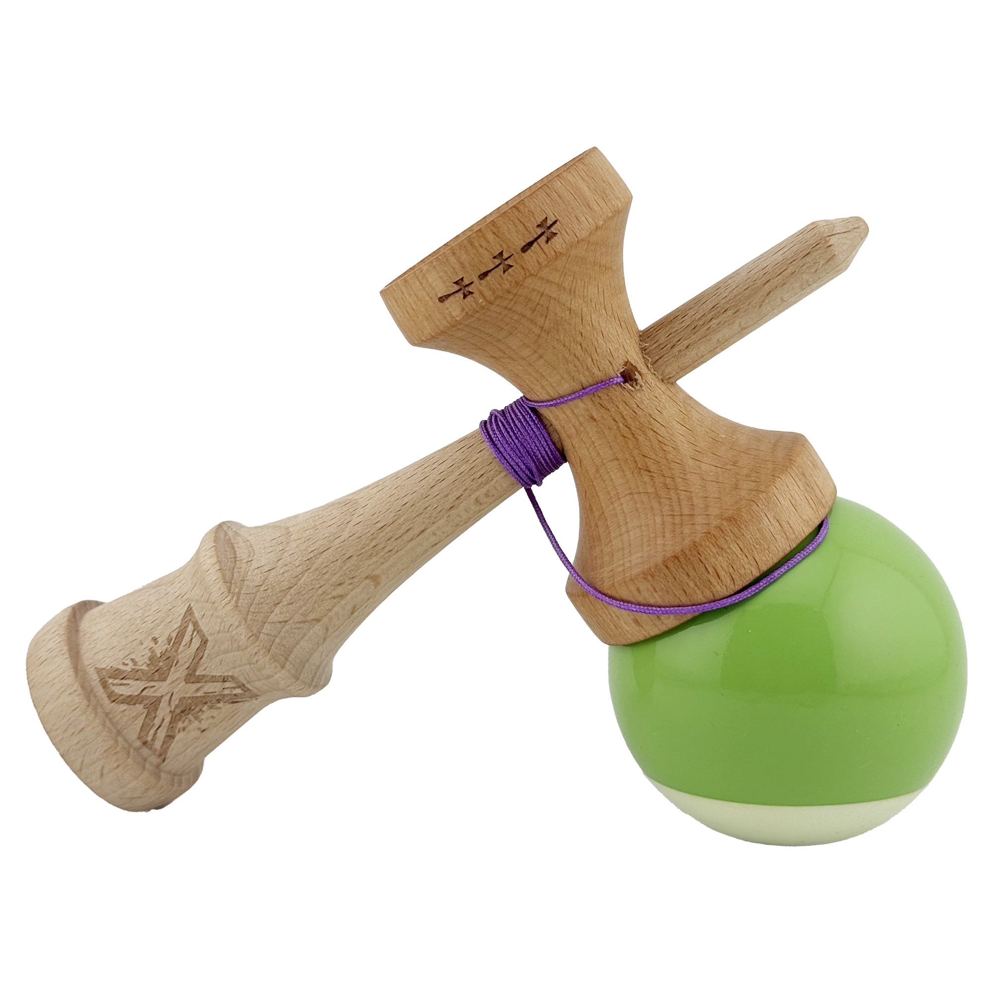 Kendama X Originala, Profesionala, Flippy, Big Cups V2, Super Sticky cu Cupe Mari, din lemn 18 cm, Rulment Metalic cu Ata 55 cm, Verde deschis/Alb - imagine 4