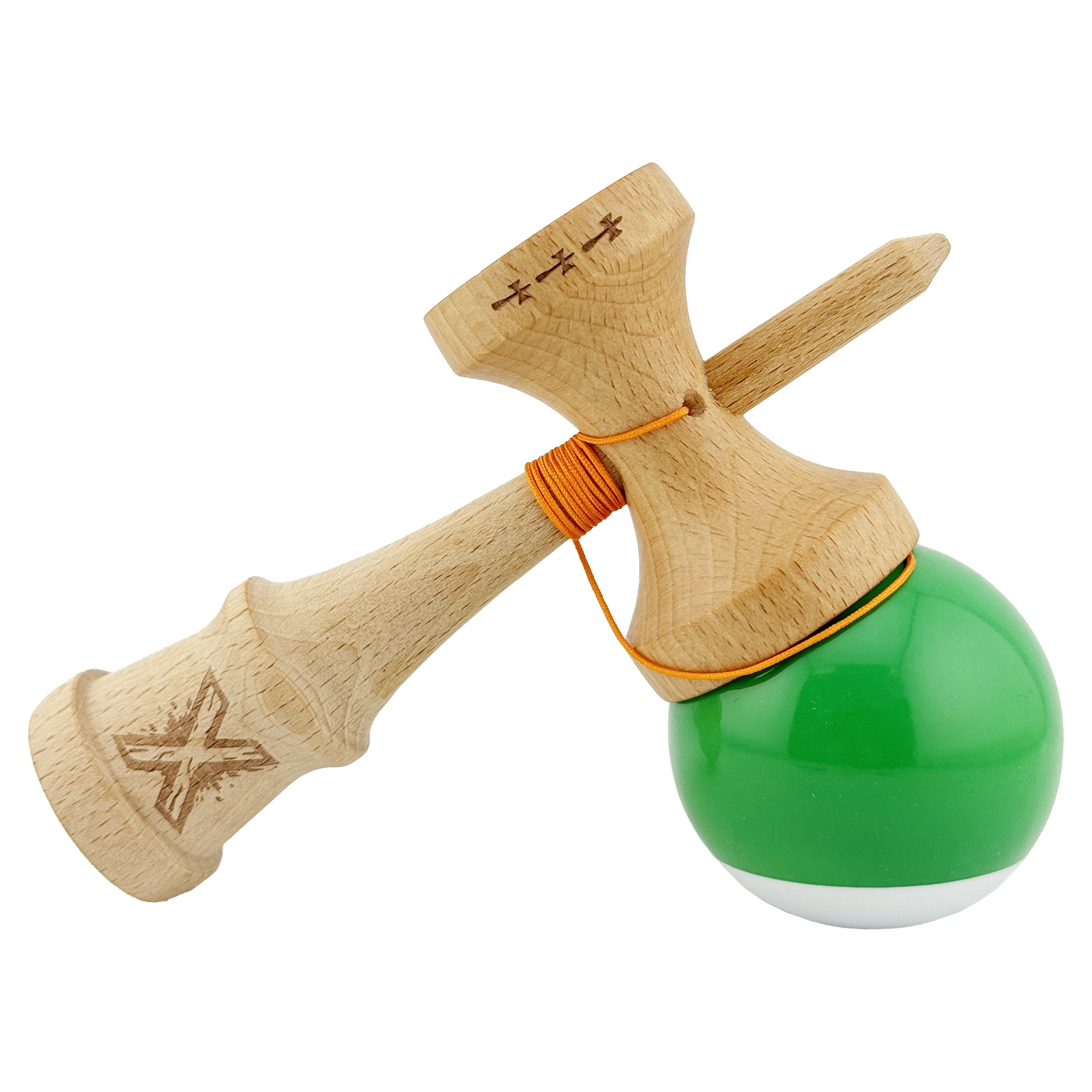 Kendama X Originala, Profesionala, Flippy, Big Cups V2, Super Sticky cu Cupe Mari, din lemn 18 cm, Rulment Metalic cu Ata 55 cm, Verde/Alb - imagine 4