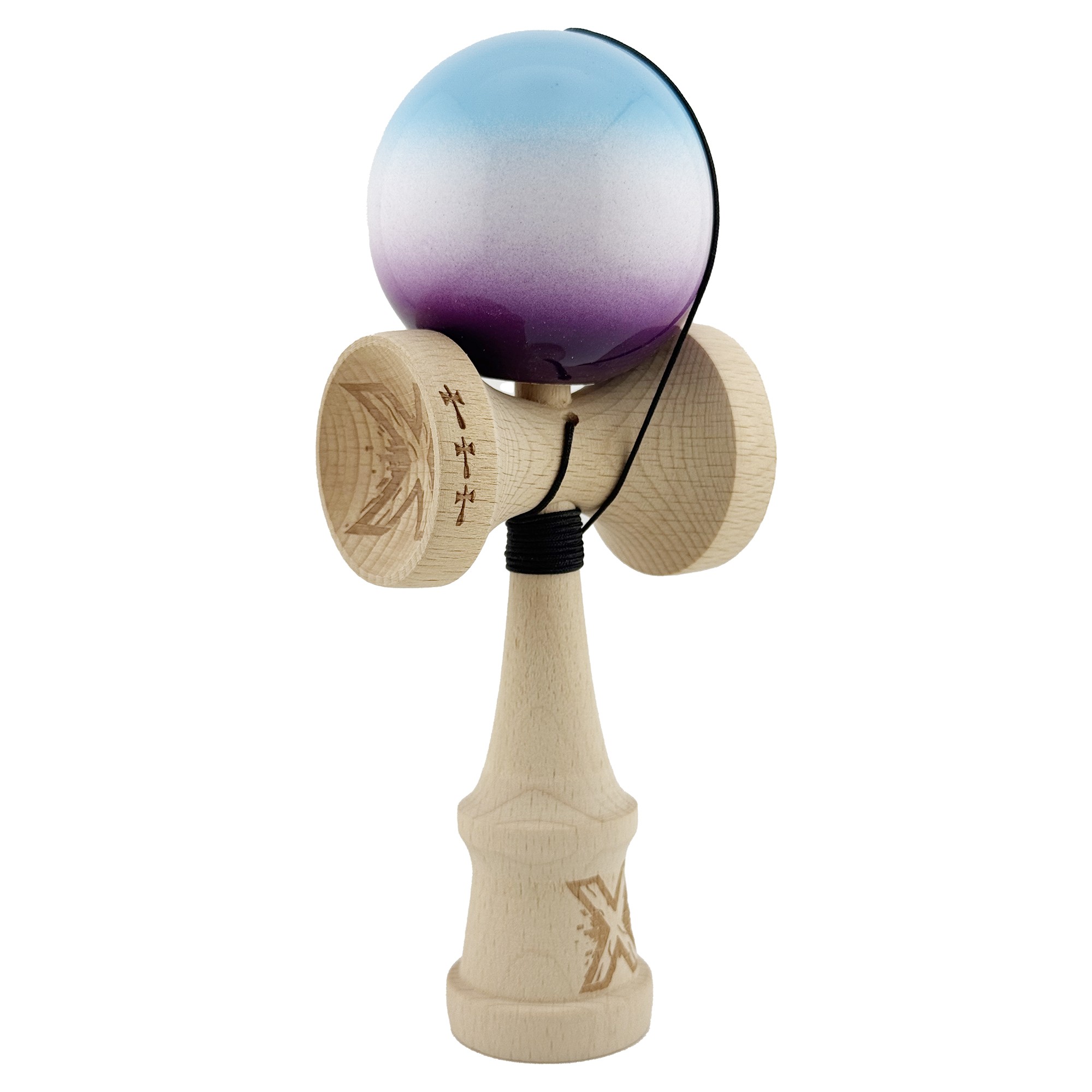 Kendama X Originala, Profesionala, Flippy, Big Cups V2, Super Sticky cu Cupe Mari, din lemn 18 cm, Rulment Metalic cu Ata 55 cm, Albastru/Alb/Mov - imagine 2