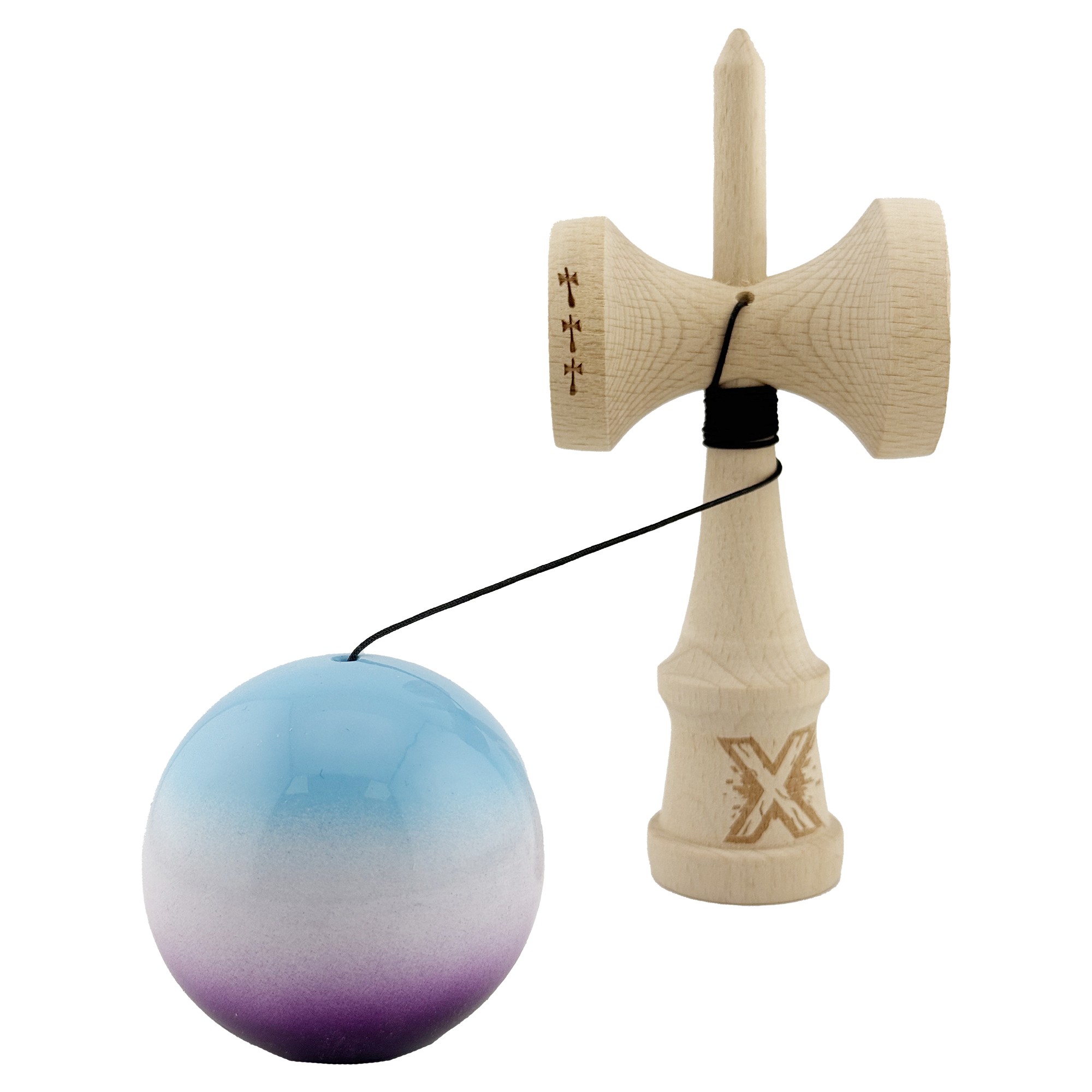 Kendama X Originala, Profesionala, Flippy, Big Cups V2, Super Sticky cu Cupe Mari, din lemn 18 cm, Rulment Metalic cu Ata 55 cm, Albastru/Alb/Mov - imagine 3