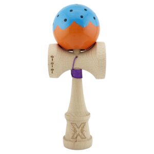 Kendama X Originala, Profesionala, Flippy, Big Cups V2, Super Sticky cu Cupe Mari, din lemn 18 cm, Rulment Metalic cu Ata 55 cm, Albastru/Portocaliu