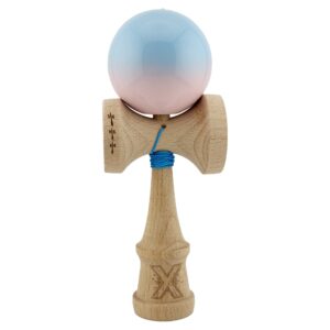 Kendama X Originala, Profesionala, Flippy, Big Cups V2, Super Sticky cu Cupe Mari, din lemn 18 cm, Rulment Metalic cu Ata 55 cm, Albastru deschis/Roz