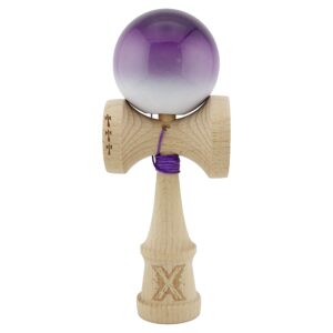 Kendama X Originala, Profesionala, Flippy, Big Cups V2, Super Sticky cu Cupe Mari, din lemn 18 cm, Rulment Metalic cu Ata 55 cm, Mov/Alb