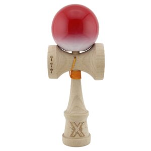 Kendama X Originala, Profesionala, Flippy, Big Cups V2, Super Sticky cu Cupe Mari, din lemn 18 cm, Rulment Metalic cu Ata 55 cm, Gradient Rosu/Alb