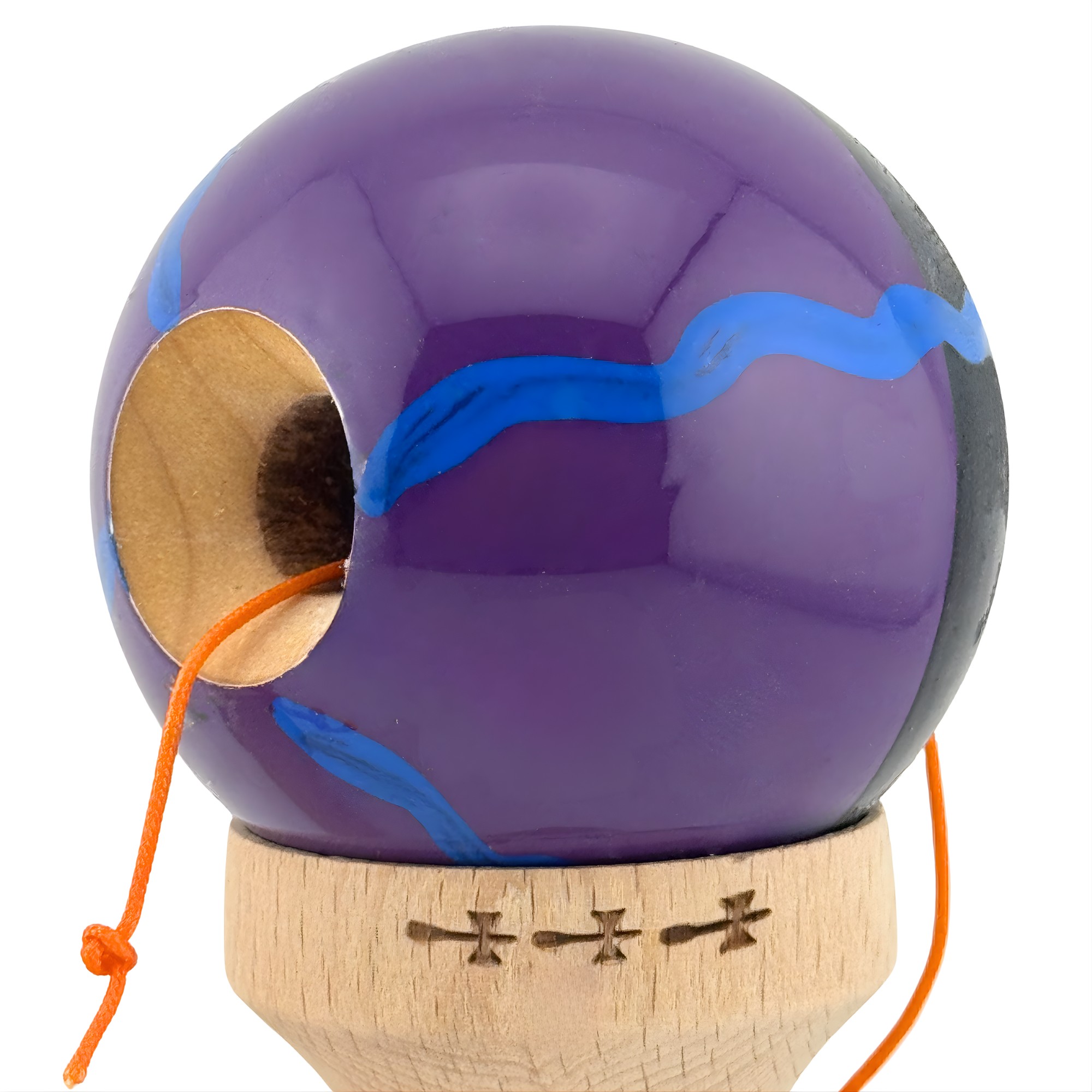 Kendama X Originala, Profesionala, Flippy, Big Cups V2, Super Sticky Cupe Mari, Rulment Metalic cu Ata 55 cm, Negru Mov cu Linii - imagine 3