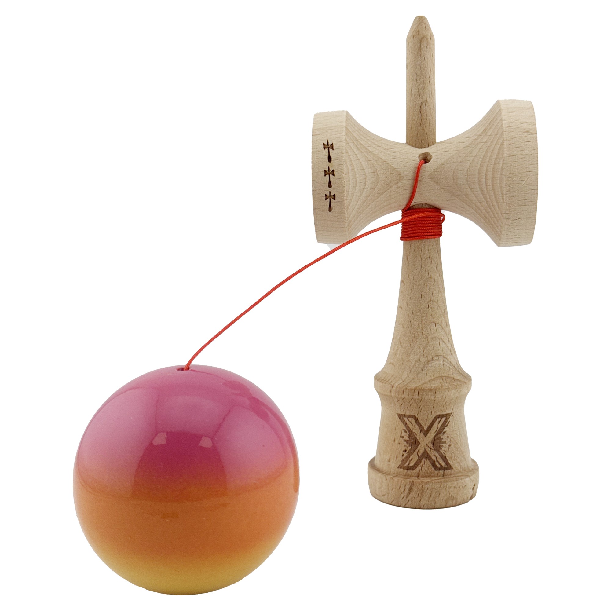 Kendama X Originala, Profesionala, Flippy, Big Cups V2, Super Sticky Cupe Mari, Rulment Metalic cu Ata 55 cm, Roz/Portocaliu/Galben - imagine 3