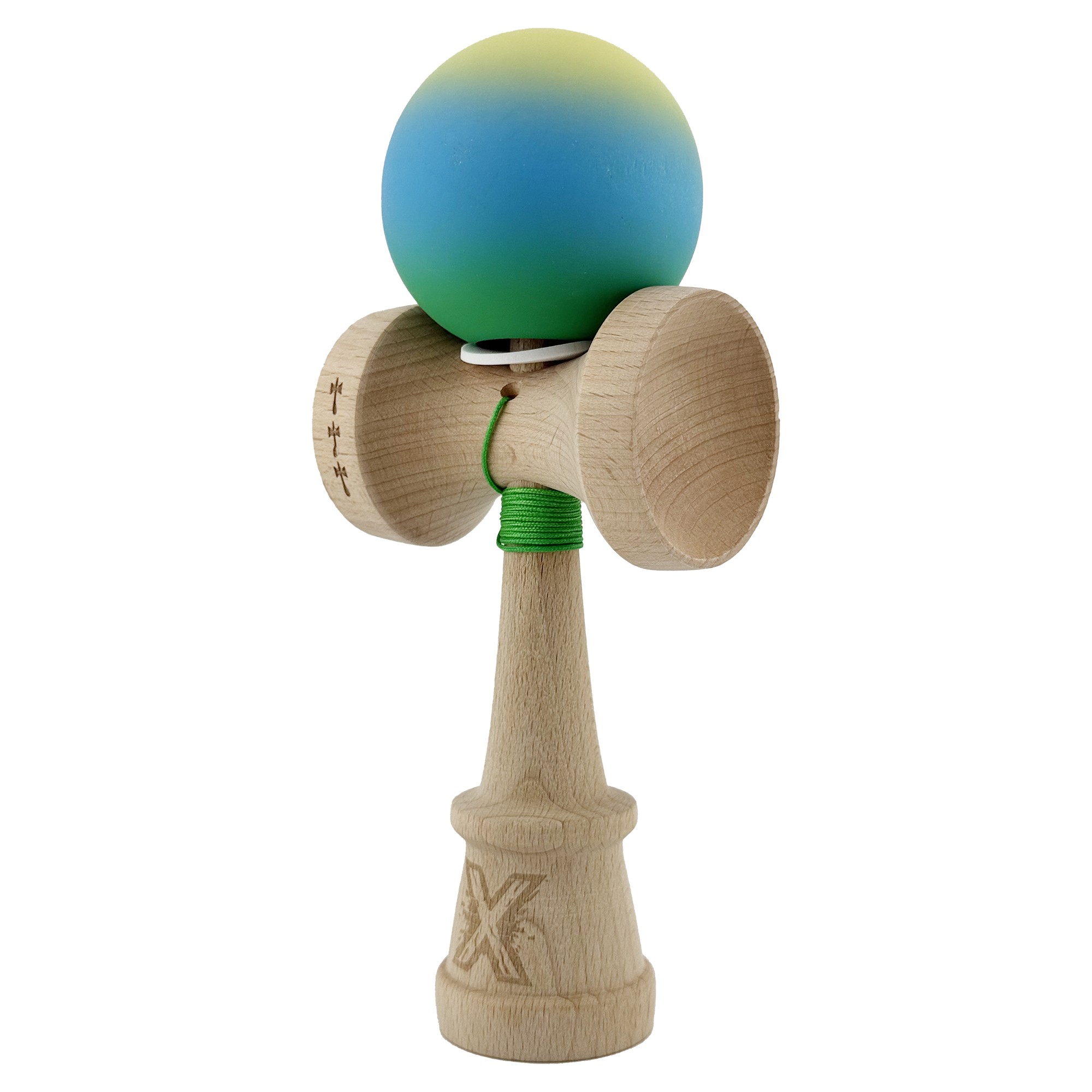 Kendama X Originala, Profesionala, Flippy, Cupe Mari KING SIZE V3, Rubber Grip, Gaura in Baza, Rulment Metalic, din lemn 18 cm, Ata 62/65 cm, Gradient Galben/Albastru/Verde - imagine 3
