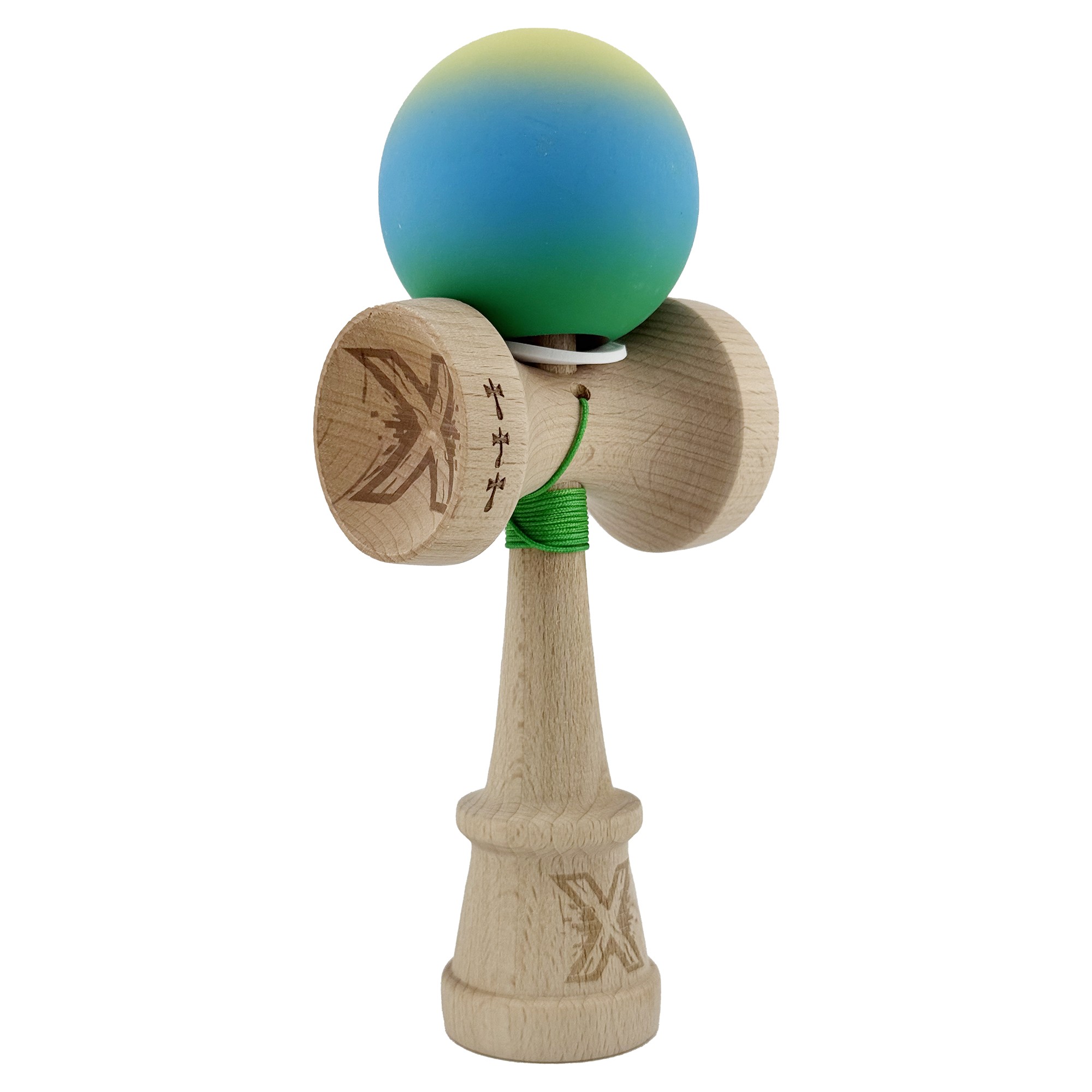 Kendama X Originala, Profesionala, Flippy, Cupe Mari KING SIZE V3, Rubber Grip, Gaura in Baza, Rulment Metalic, din lemn 18 cm, Ata 62/65 cm, Gradient Galben/Albastru/Verde