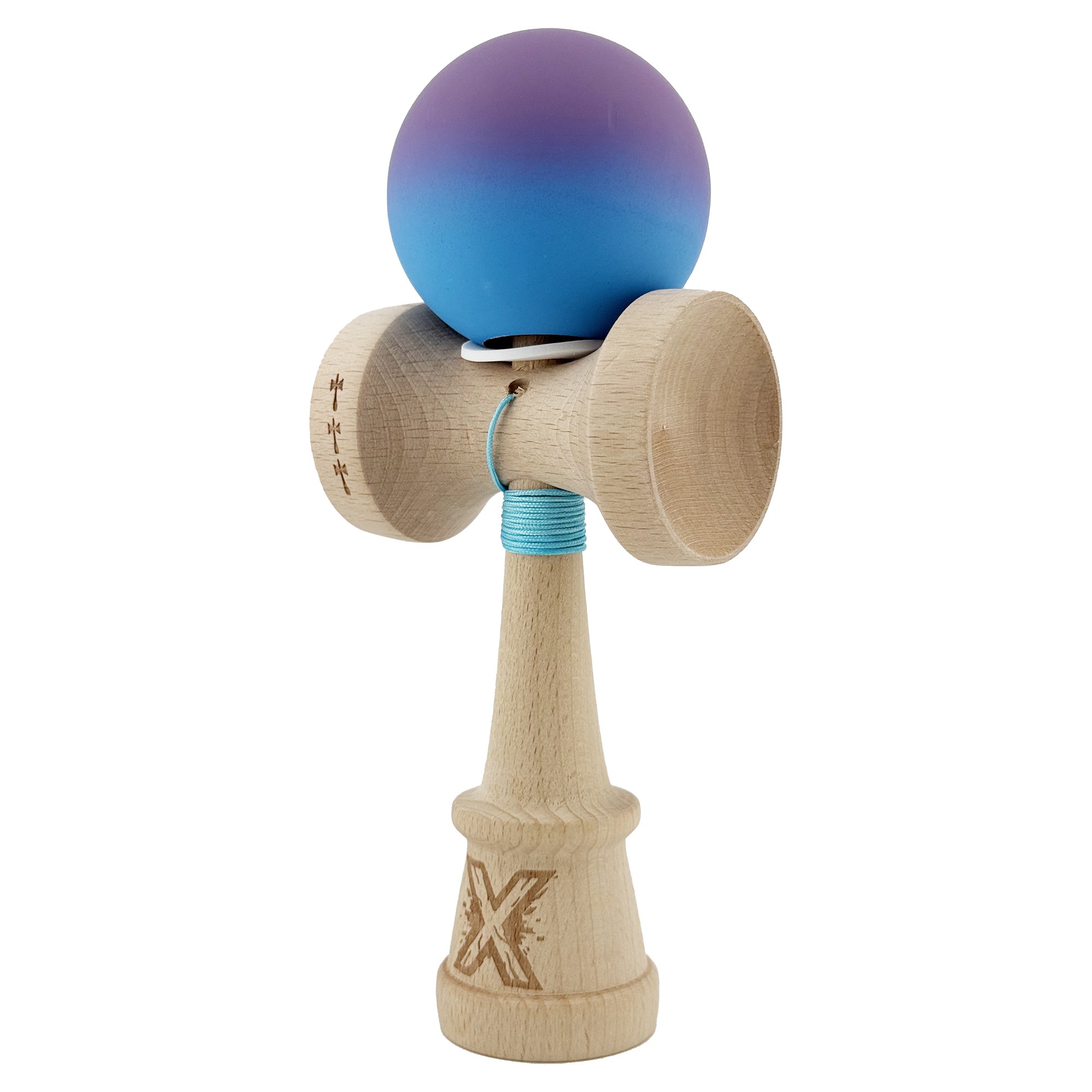 Kendama X Originala, Profesionala, Flippy, Cupe Mari KING SIZE V3, Rubber Grip, Gaura in Baza, Rulment Metalic, din lemn 18 cm, Ata 62/65 cm, Gradient Mov/Albastru - imagine 3