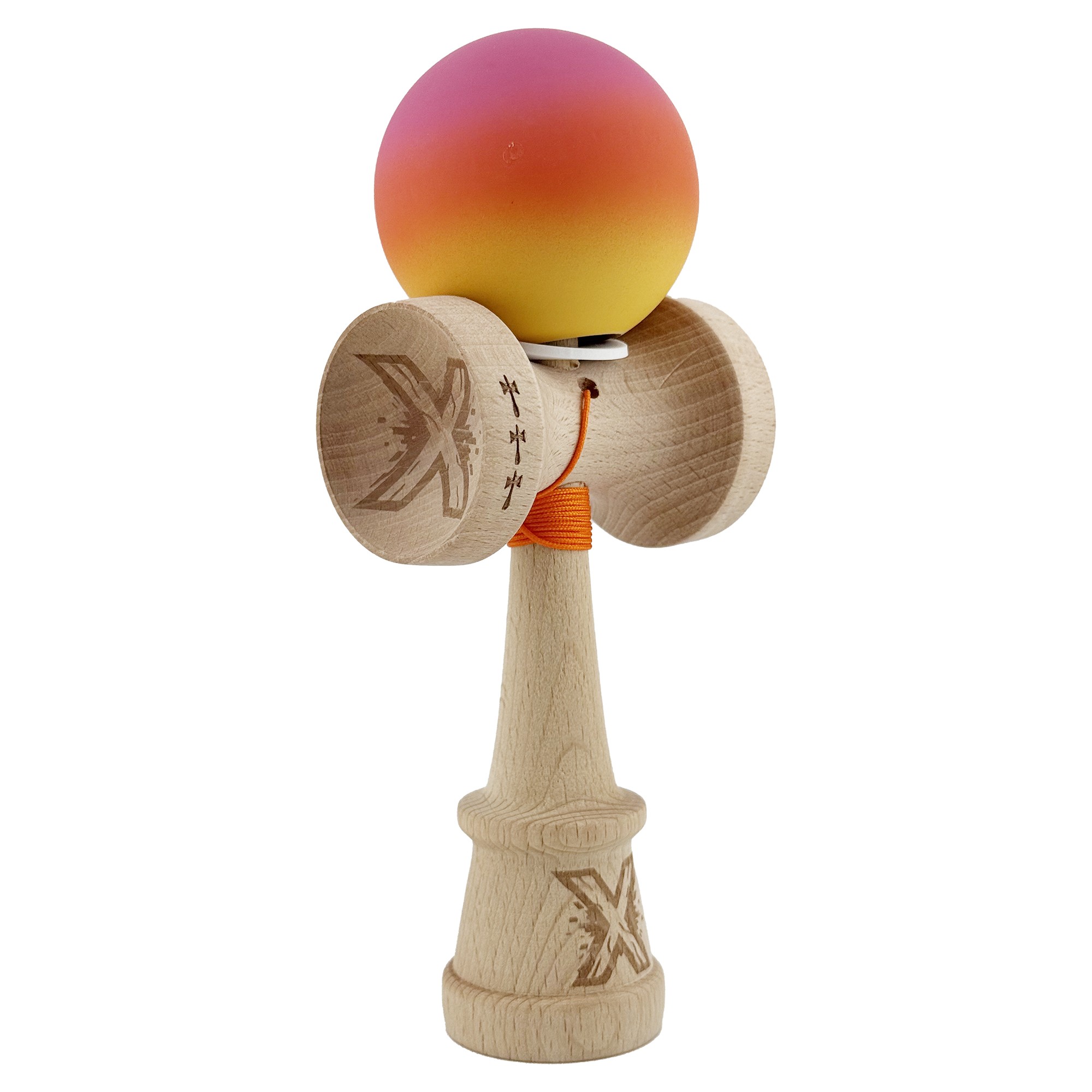 Kendama X Originala, Profesionala, Flippy, Cupe Mari KING SIZE V3, Rubber Grip, Gaura in Baza, Rulment Metalic, din lemn 18 cm, Ata 62/65 cm, Gradient Roz/Rosu/Galben