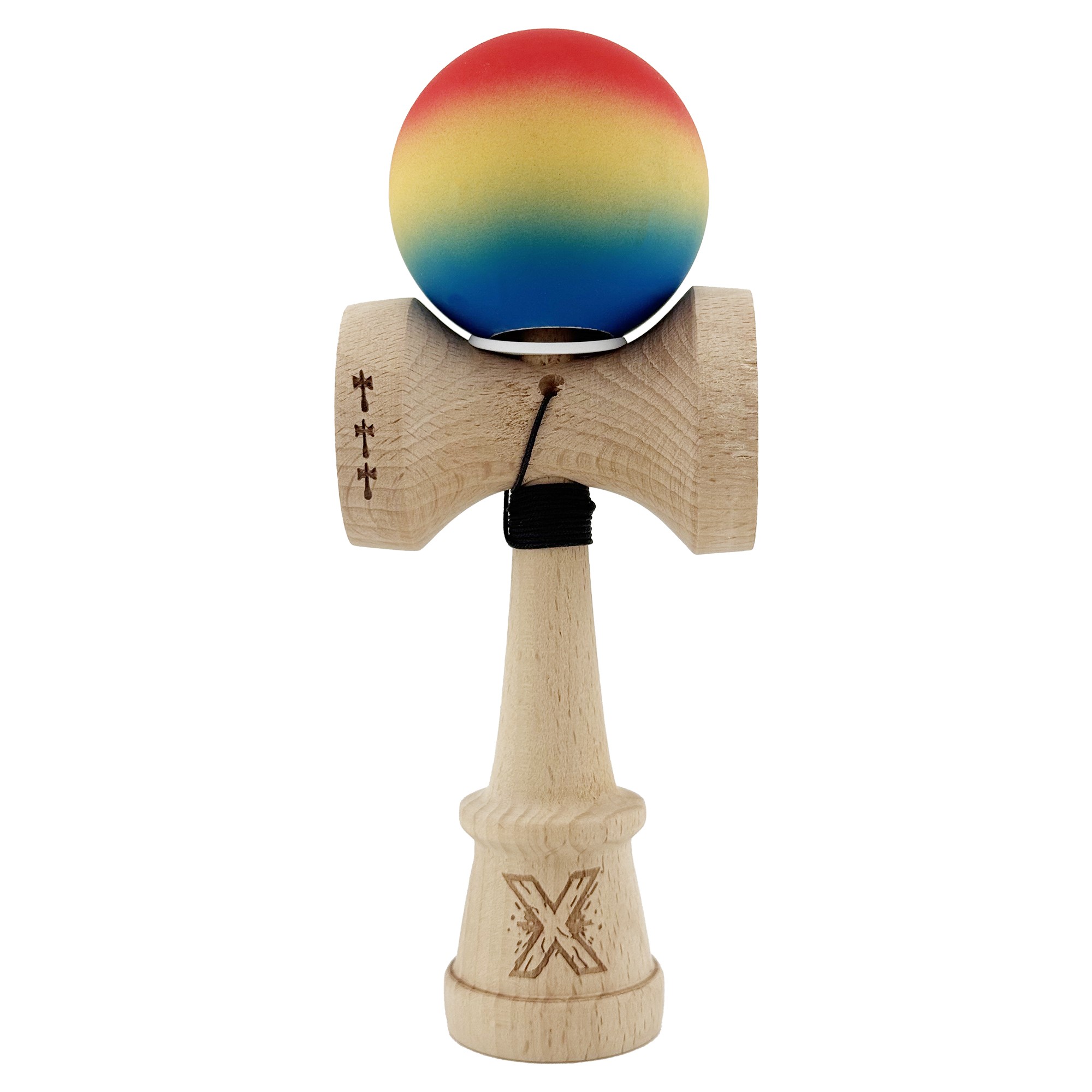 Kendama X Originala, Profesionala, Flippy, Cupe Mari KING SIZE V3, Rubber Grip, Gaura in Baza, Rulment Metalic, din lemn 18 cm, Ata 62/65 cm, Gradient Rosu/Galben/Albastru - imagine 2