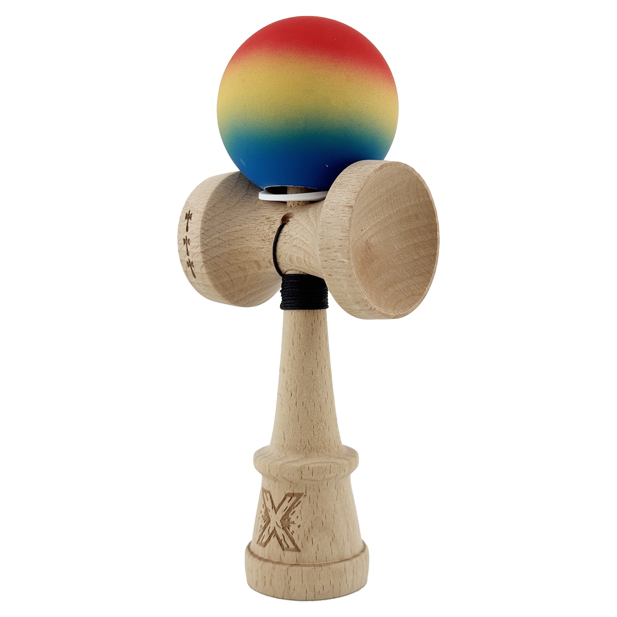 Kendama X Originala, Profesionala, Flippy, Cupe Mari KING SIZE V3, Rubber Grip, Gaura in Baza, Rulment Metalic, din lemn 18 cm, Ata 62/65 cm, Gradient Rosu/Galben/Albastru - imagine 3