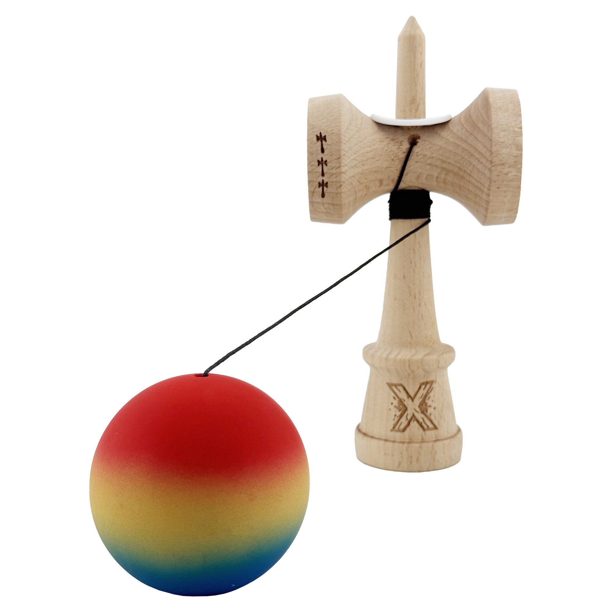 Kendama X Originala, Profesionala, Flippy, Cupe Mari KING SIZE V3, Rubber Grip, Gaura in Baza, Rulment Metalic, din lemn 18 cm, Ata 62/65 cm, Gradient Rosu/Galben/Albastru - imagine 4