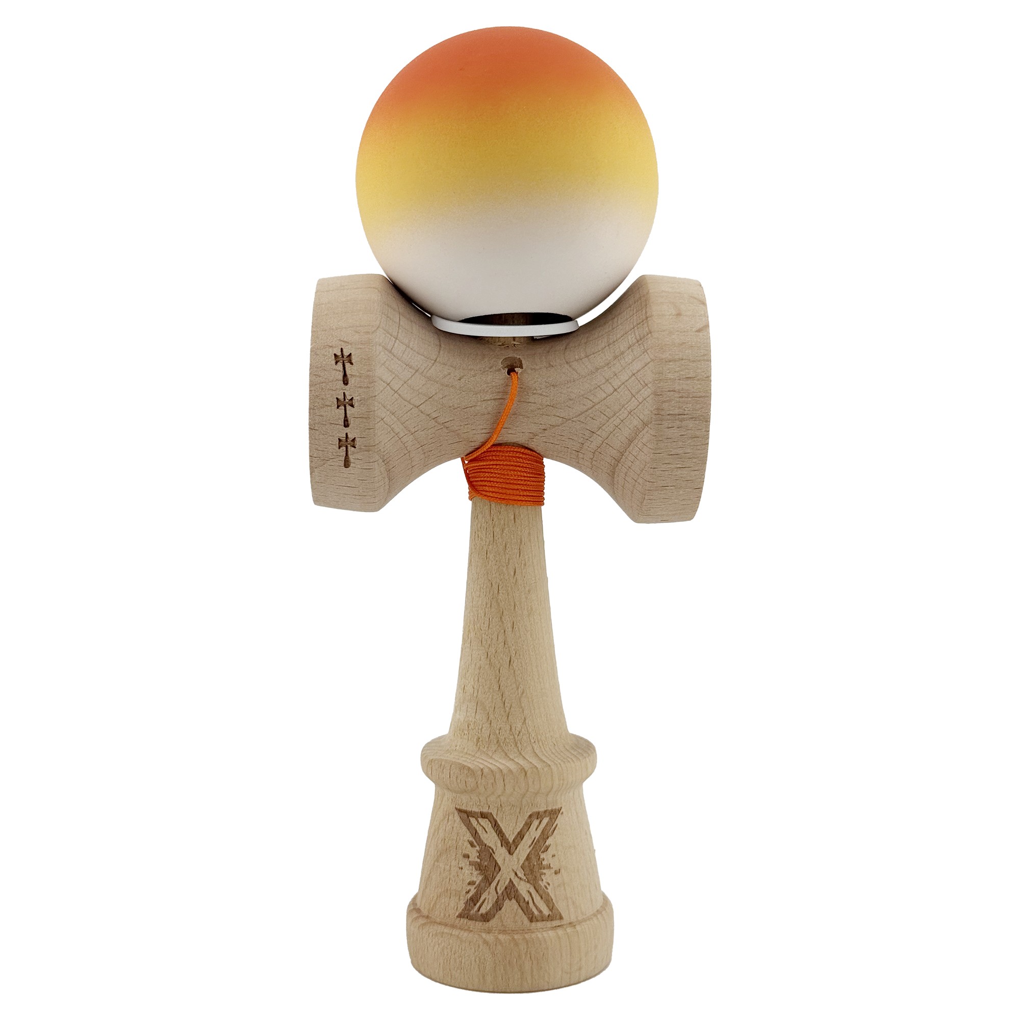 Kendama X Originala, Profesionala, Flippy, Cupe Mari KING SIZE V3, Rubber Grip, Gaura in Baza, Rulment Metalic, din lemn 18 cm, Ata 62/65 cm, Gradient Portocaliu/Galben/Alb - imagine 2