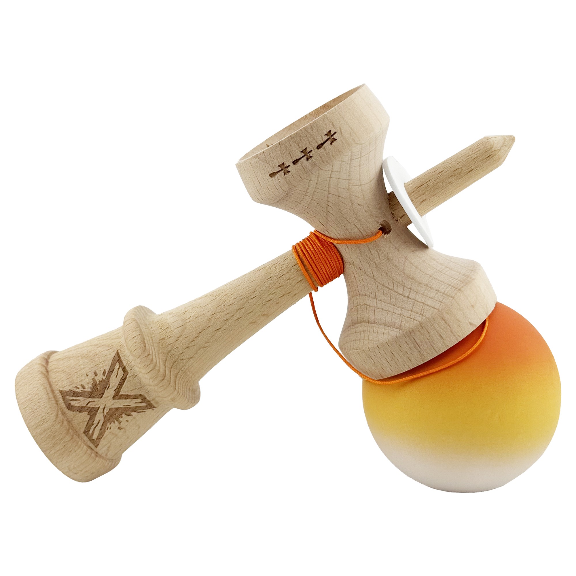 Kendama X Originala, Profesionala, Flippy, Cupe Mari KING SIZE V3, Rubber Grip, Gaura in Baza, Rulment Metalic, din lemn 18 cm, Ata 62/65 cm, Gradient Portocaliu/Galben/Alb - imagine 4