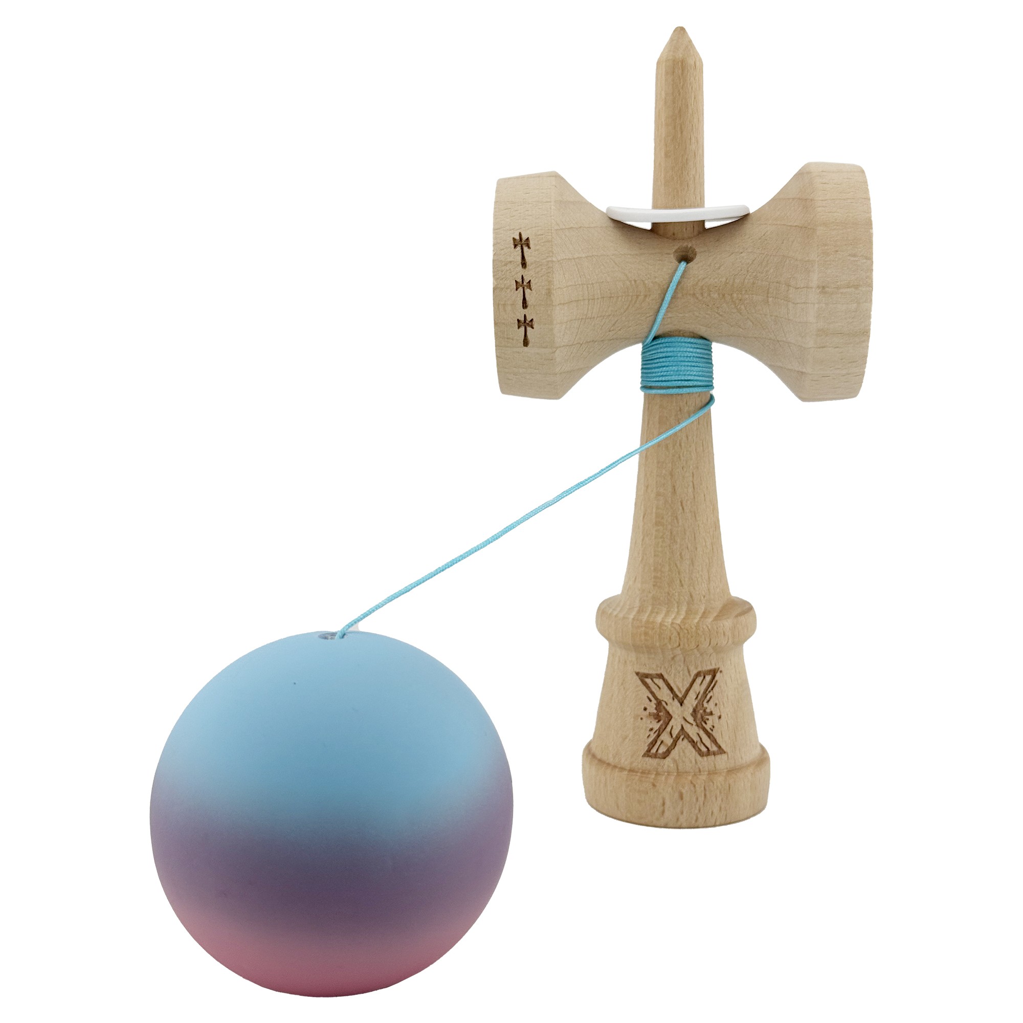 Kendama X Originala, Profesionala, Flippy, Cupe Mari KING SIZE V3, Rubber Grip, Gaura in Baza, Rulment Metalic, din lemn 18 cm, Ata 62/65 cm, Gradient Albastru deschis/Mov/Roz - imagine 4