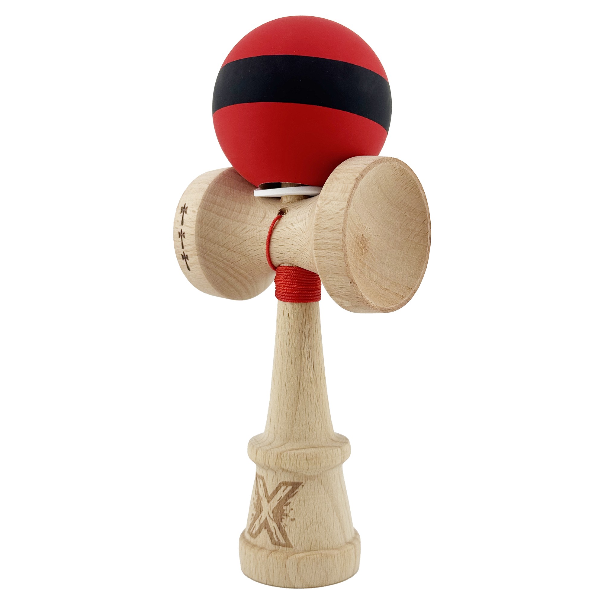 Kendama X Originala, Profesionala, Flippy, Cupe Mari KING SIZE V3, Rubber Grip, Gaura in Baza, Rulment Metalic, din lemn 18 cm, Ata 62/65 cm, M Bicolor Rosu Dublu/Negru - imagine 3