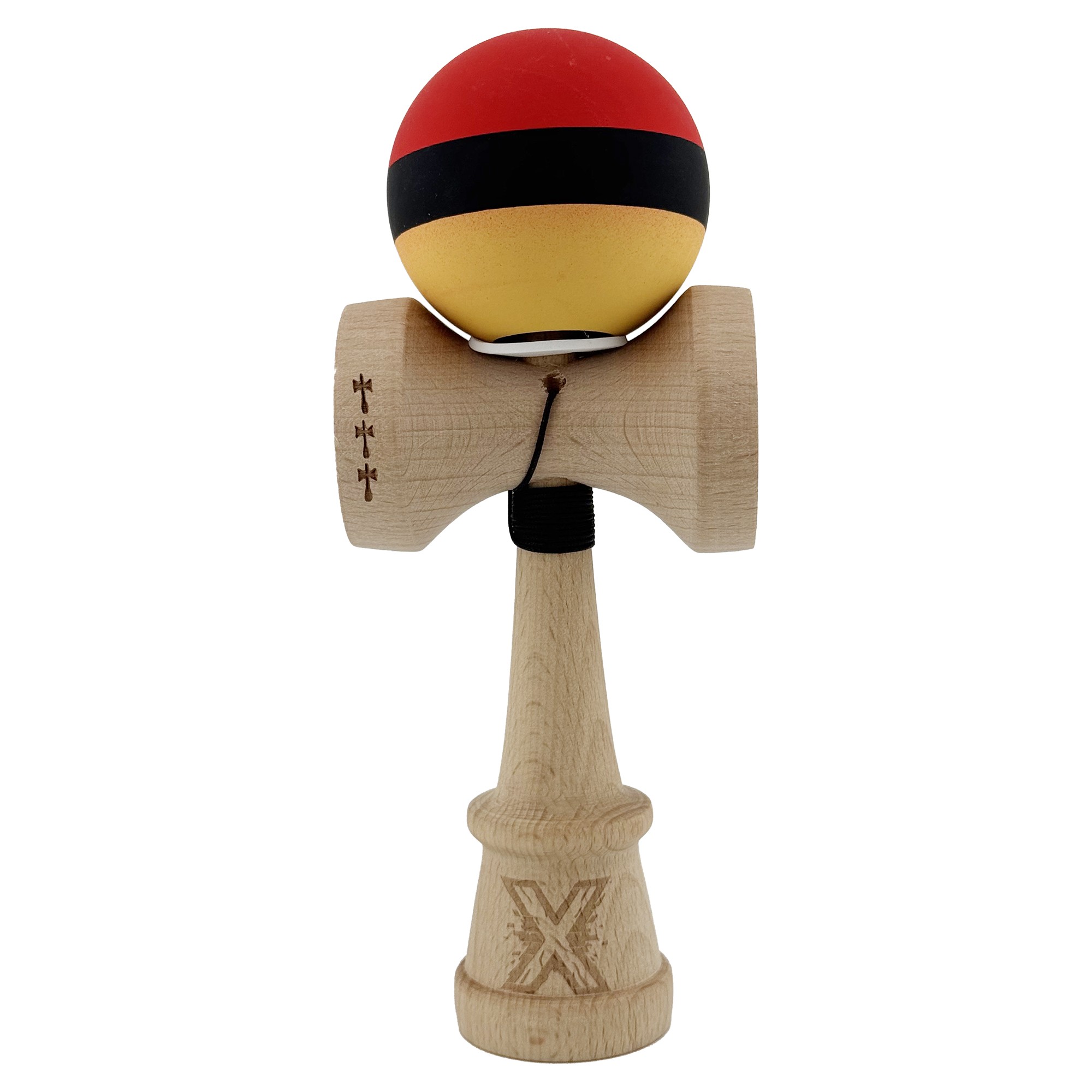 Kendama X Originala, Profesionala, Flippy, Cupe Mari KING SIZE V3, Rubber Grip, Gaura in Baza, Rulment Metalic, din lemn 18 cm, Ata 62/65 cm, M Rosu/Negru/Galben - imagine 2