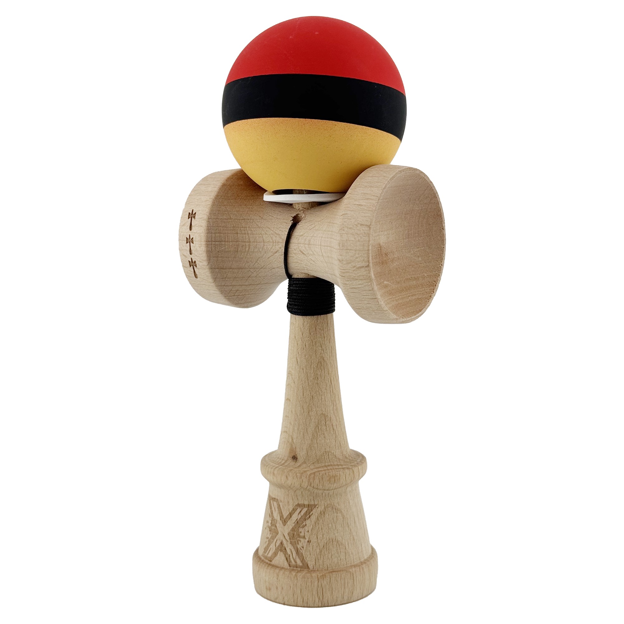 Kendama X Originala, Profesionala, Flippy, Cupe Mari KING SIZE V3, Rubber Grip, Gaura in Baza, Rulment Metalic, din lemn 18 cm, Ata 62/65 cm, M Rosu/Negru/Galben - imagine 3