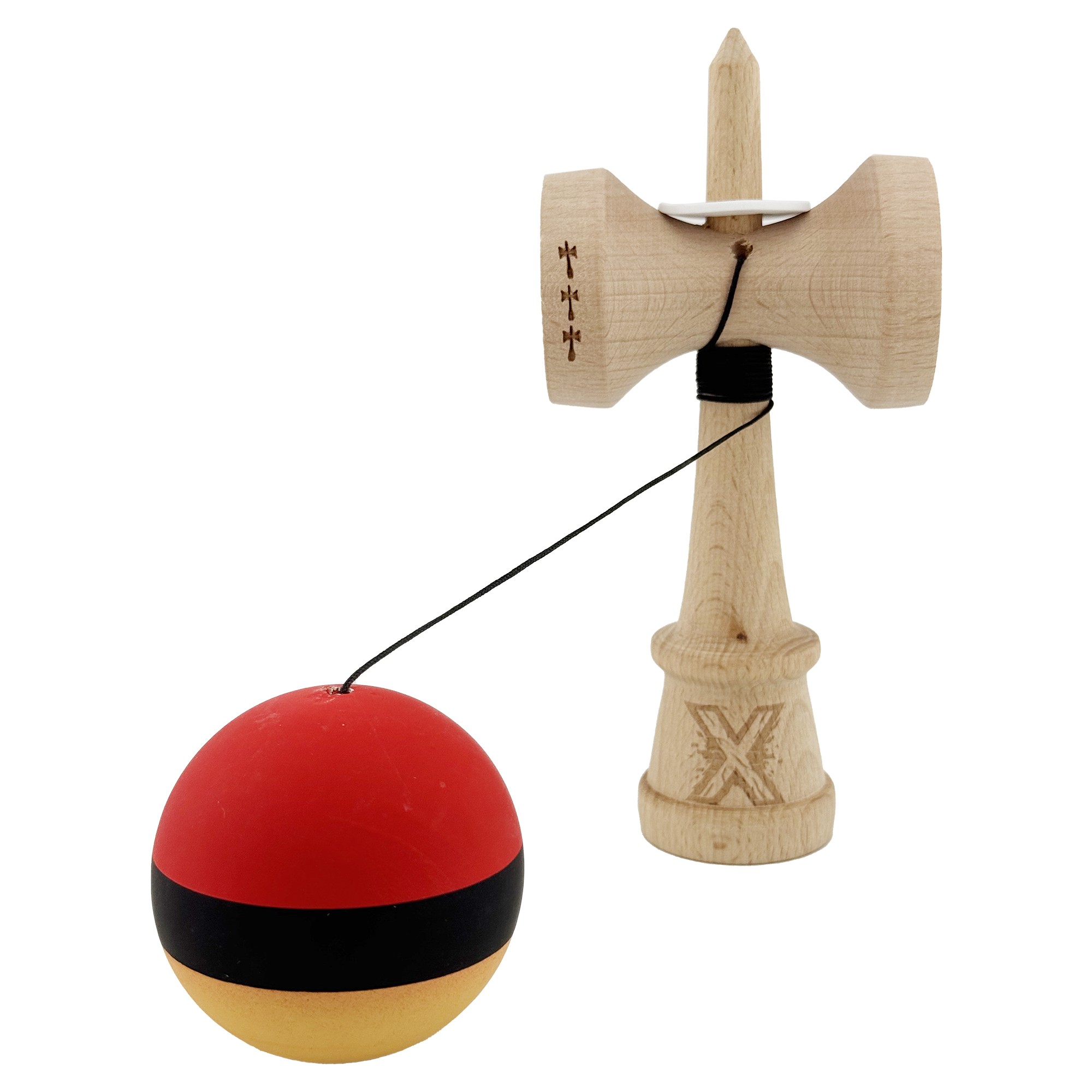 Kendama X Originala, Profesionala, Flippy, Cupe Mari KING SIZE V3, Rubber Grip, Gaura in Baza, Rulment Metalic, din lemn 18 cm, Ata 62/65 cm, M Rosu/Negru/Galben - imagine 4
