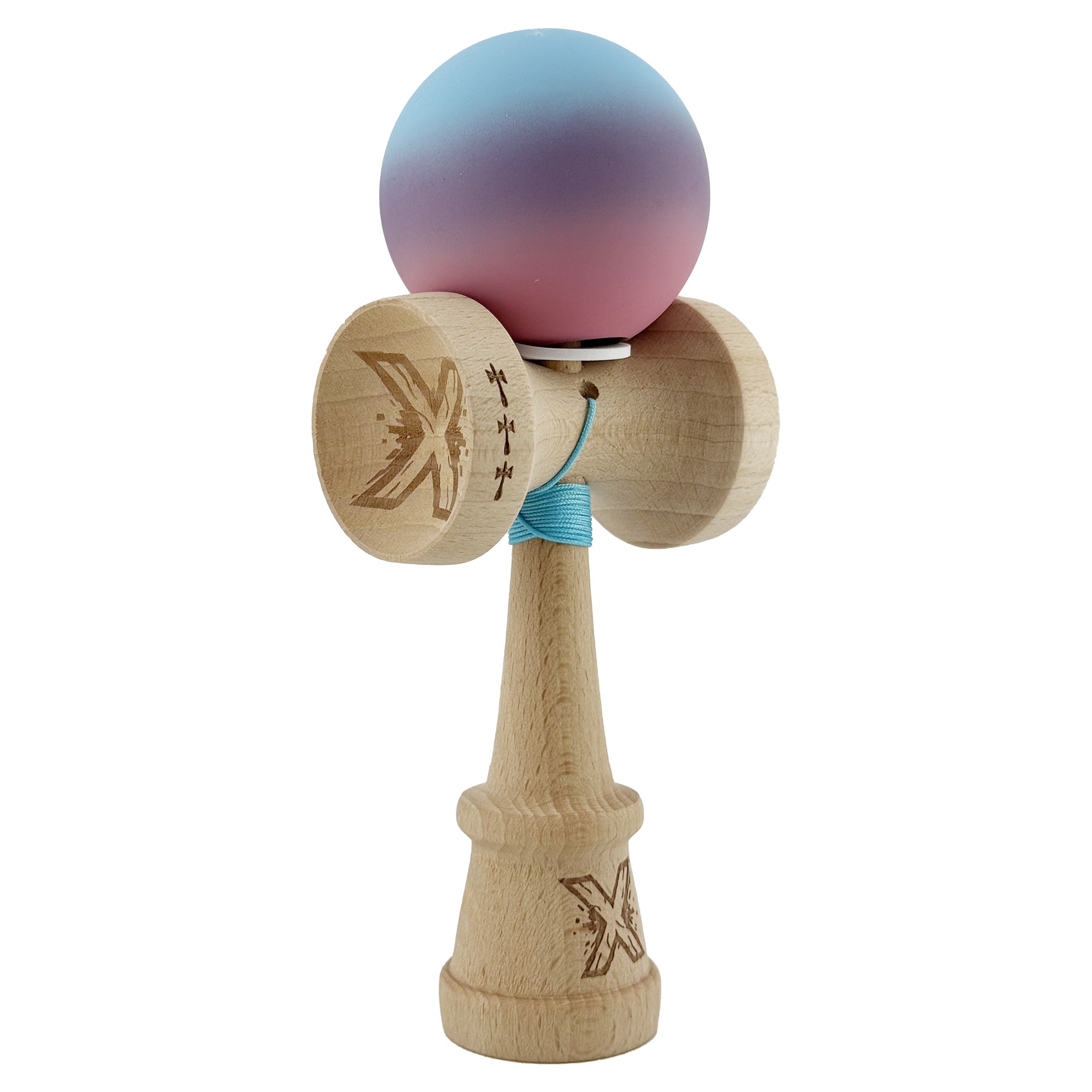 Kendama X Originala, Profesionala, Flippy, Cupe Mari KING SIZE V3, Rubber Grip, Gaura in Baza, Rulment Metalic, din lemn 18 cm, Ata 62/65 cm, Gradient Albastru deschis/Mov/Roz