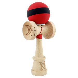 Kendama X Originala, Profesionala, Flippy, Cupe Mari KING SIZE V3, Rubber Grip, Gaura in Baza, Rulment Metalic, din lemn 18 cm, Ata 62/65 cm, M Bicolor Rosu Dublu/Negru