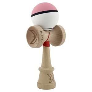 Kendama X Originala, Profesionala, Flippy, Cupe Mari KING SIZE V3, Rubber Grip, Gaura in Baza, Rulment Metalic, din lemn 18 cm, Ata 62/65 cm, S Bicolor Roz/Alb