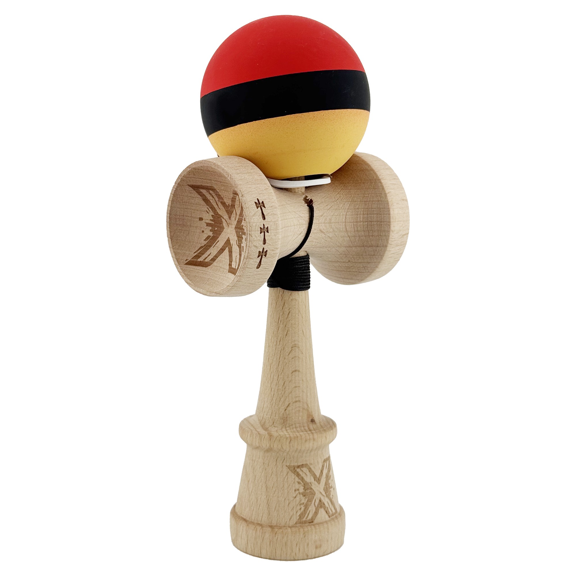 Kendama X Originala, Profesionala, Flippy, Cupe Mari KING SIZE V3, Rubber Grip, Gaura in Baza, Rulment Metalic, din lemn 18 cm, Ata 62/65 cm, M Rosu/Negru/Galben