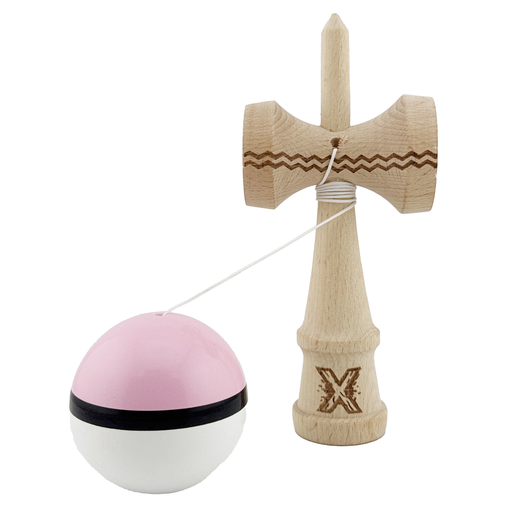 Kendama X Originala, Profesionala, Flippy, din Lemn, Gravata, 18 cm, Super Sticky, Roz/Negru/Alb - imagine 3