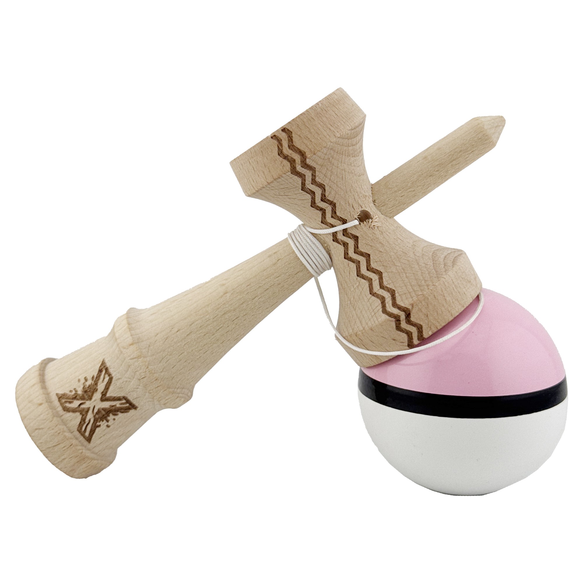 Kendama X Originala, Profesionala, Flippy, din Lemn, Gravata, 18 cm, Super Sticky, Roz/Negru/Alb - imagine 4