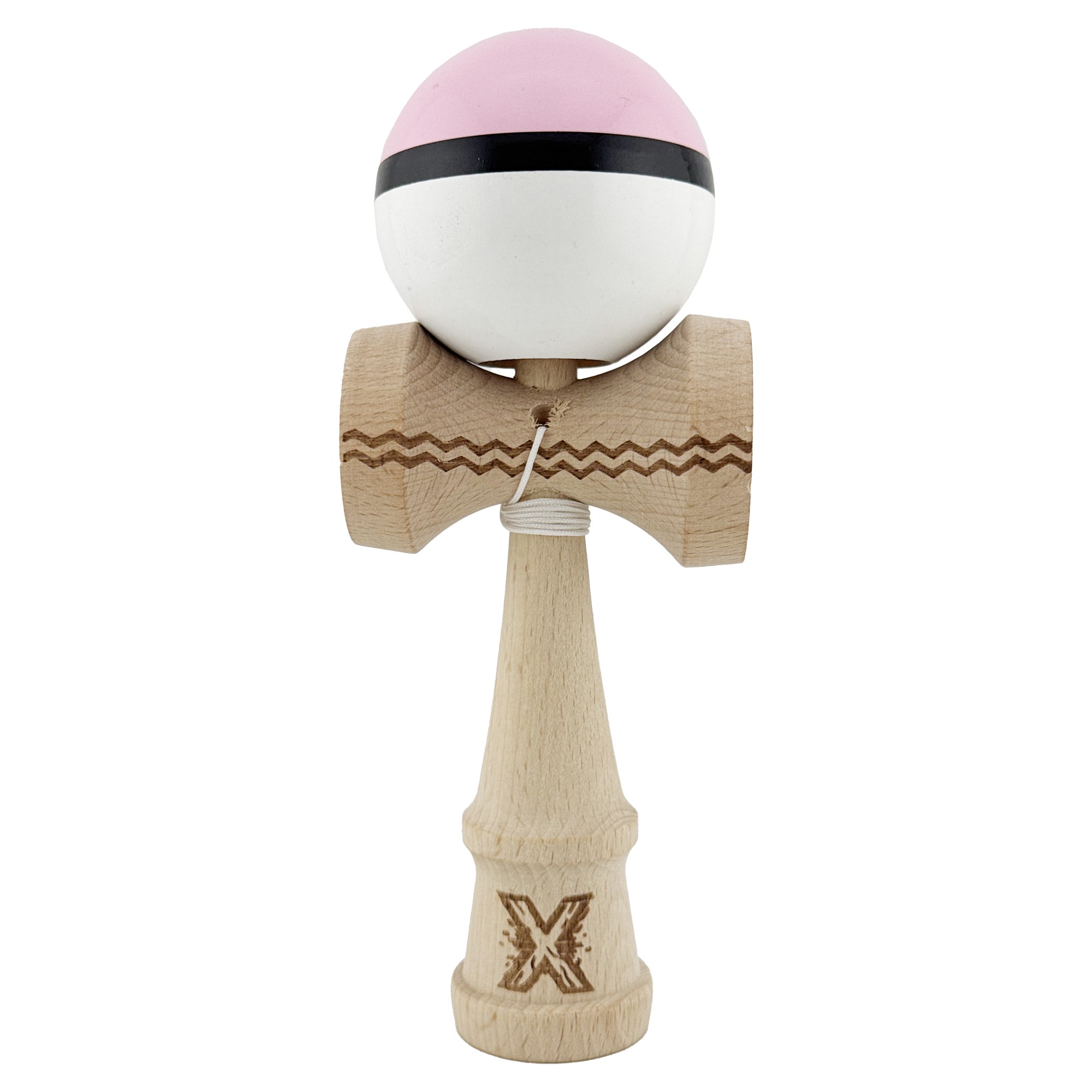 Kendama X Originala, Profesionala, Flippy, din Lemn, Gravata, 18 cm, Super Sticky, Roz/Negru/Alb