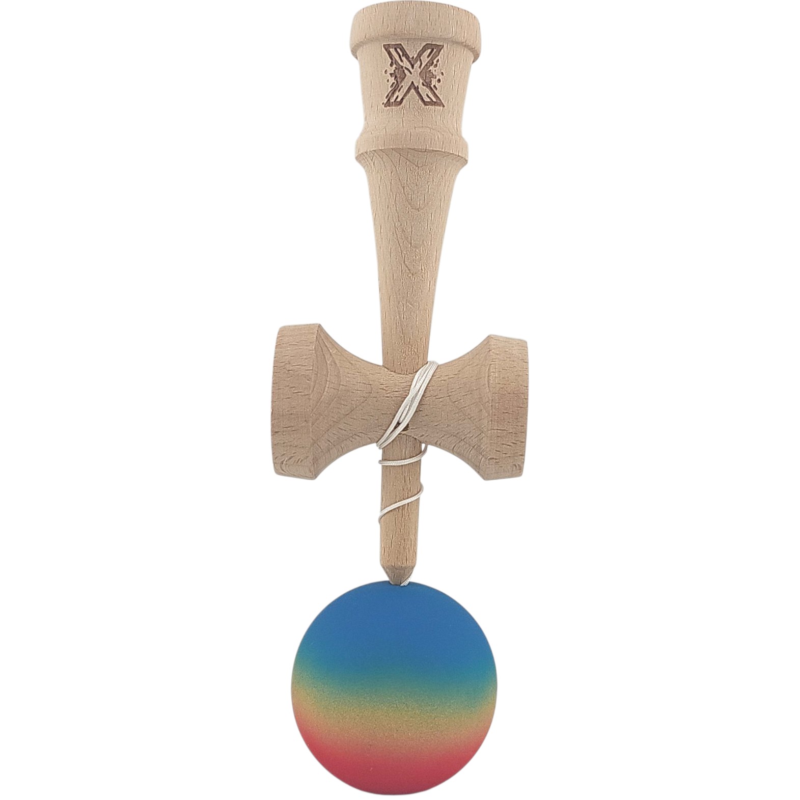 Kendama X Originala, Profesionala, Flippy, din Lemn, Rubber Grip, 18 cm, Gradient Albastru/Galben/Rosu - imagine 2