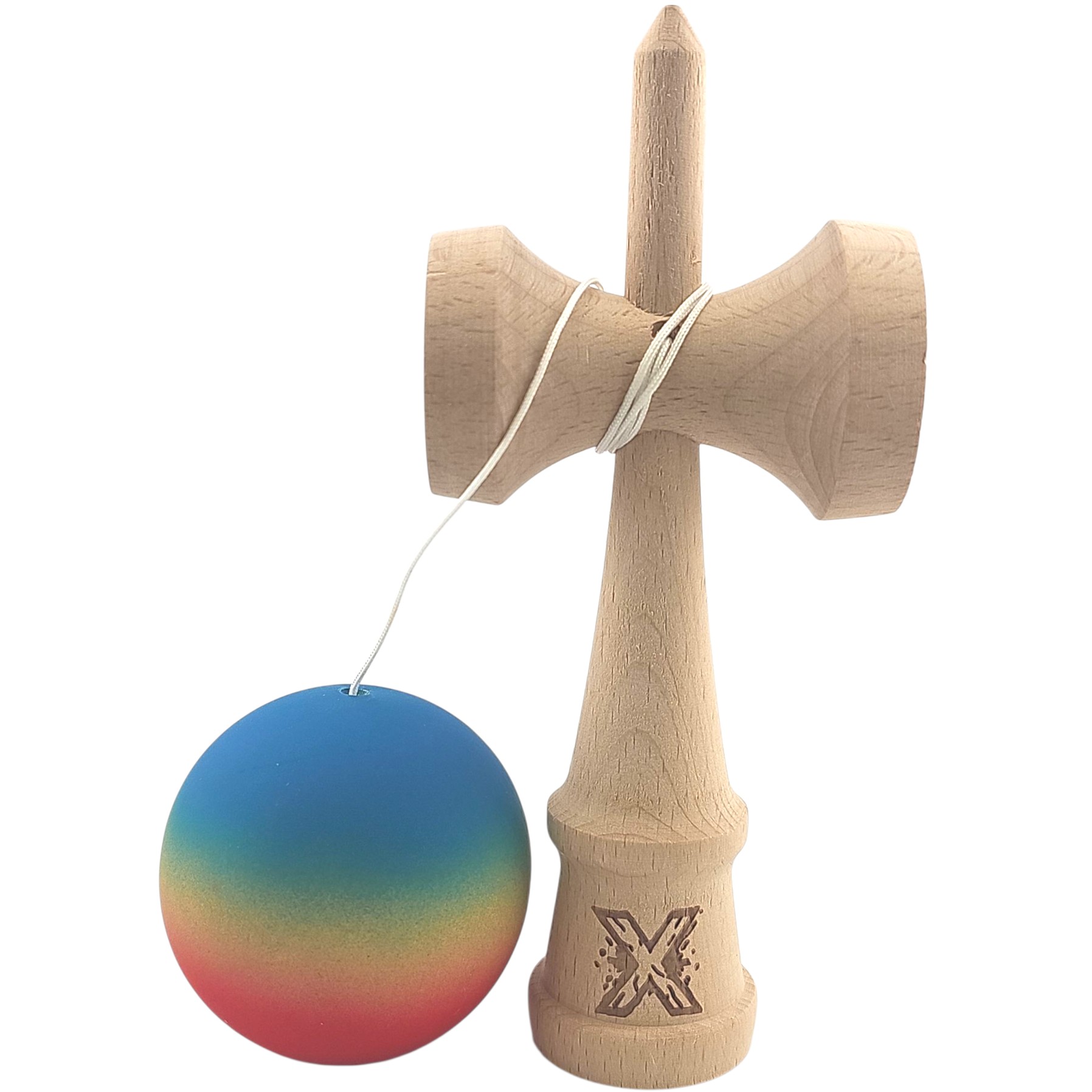Kendama X Originala, Profesionala, Flippy, din Lemn, Rubber Grip, 18 cm, Gradient Albastru/Galben/Rosu - imagine 3