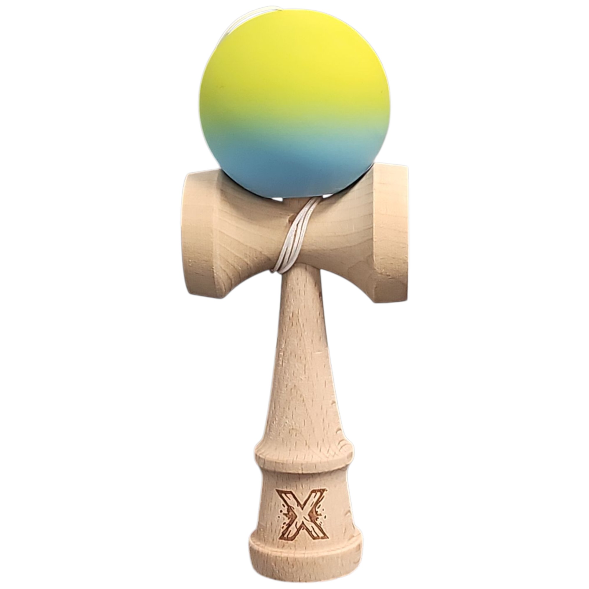 Kendama X Originala, Profesionala, Flippy, din Lemn, Rubber Grip, 18 cm, Gradient Galben/Albastru/Verde