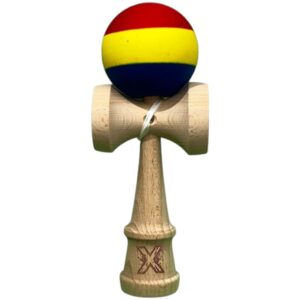 Kendama X Originala, Profesionala, Flippy, din Lemn, Rubber Grip, 18 cm, Rosu/Galben/Albastru