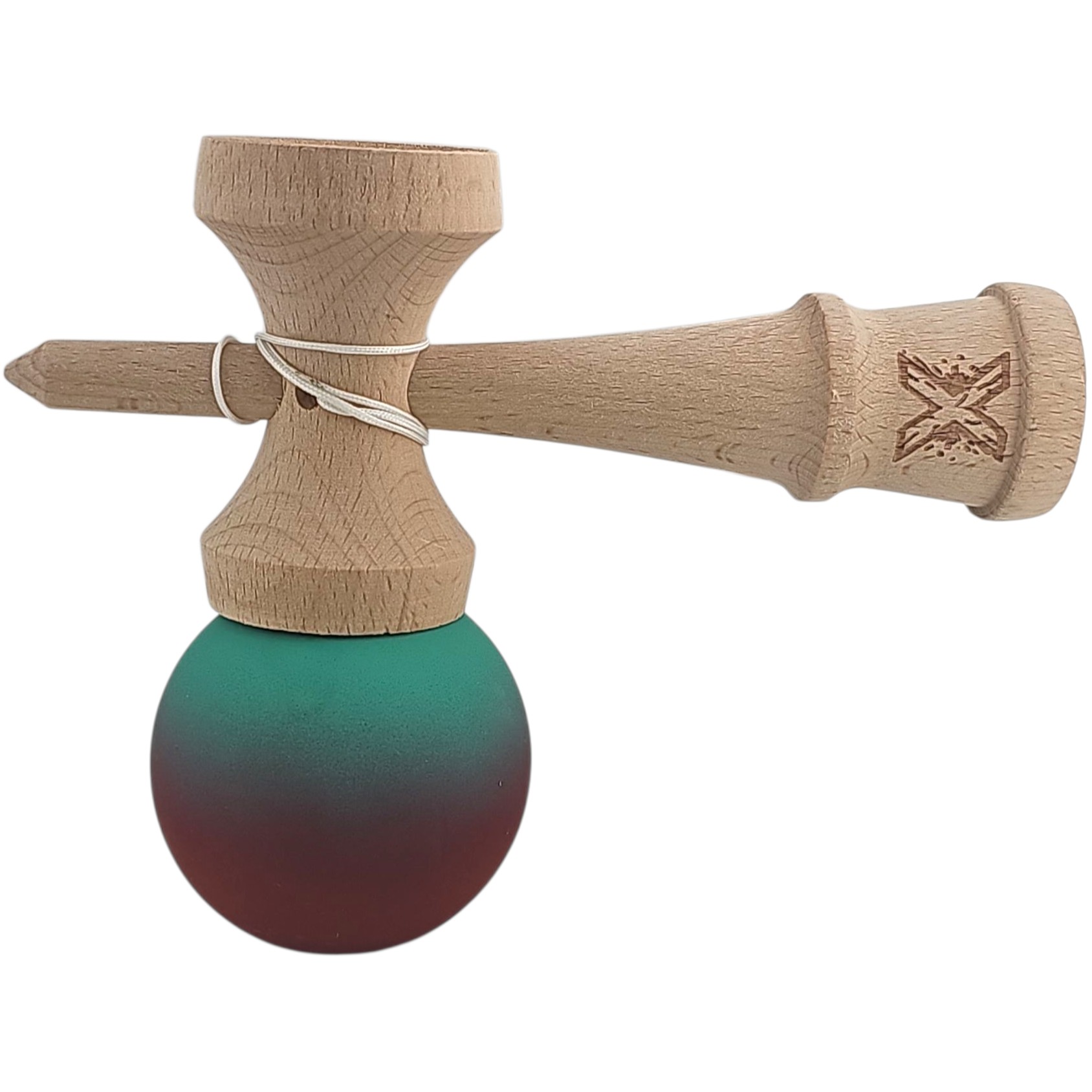 Kendama X Originala, Profesionala, Flippy, din Lemn, Rubber Grip, 18 cm, Rosu/Verde - imagine 2