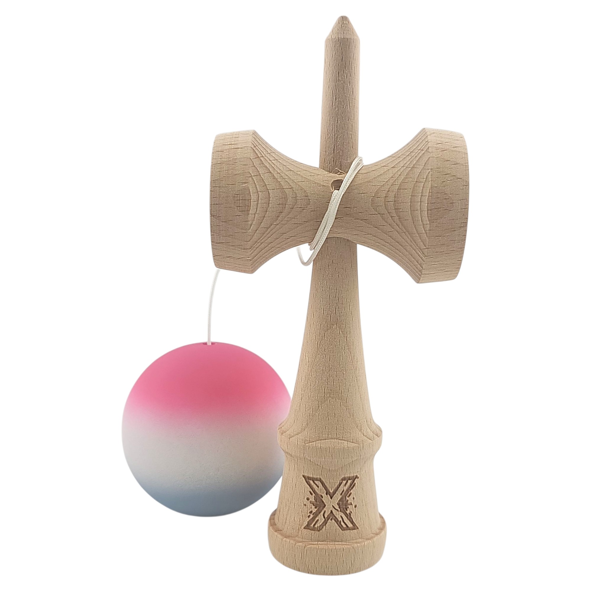 Kendama X Originala, Profesionala, Flippy, din Lemn, Rubber Grip, 18 cm, Roz/Alb/Gri - imagine 2