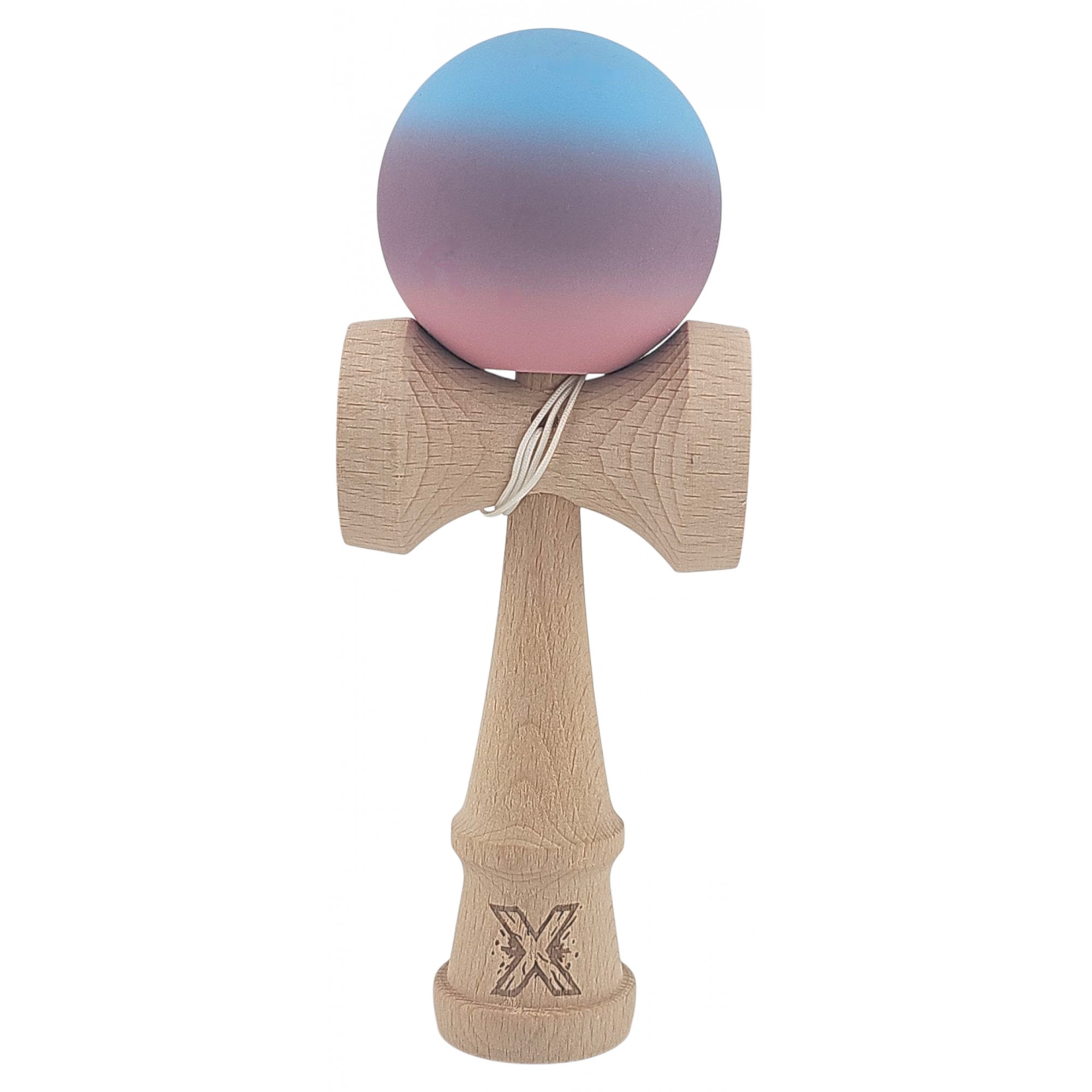 Kendama X Originala, Profesionala, Flippy, din Lemn, Rubber Grip, 18 cm, Roz/Mov/Albastru