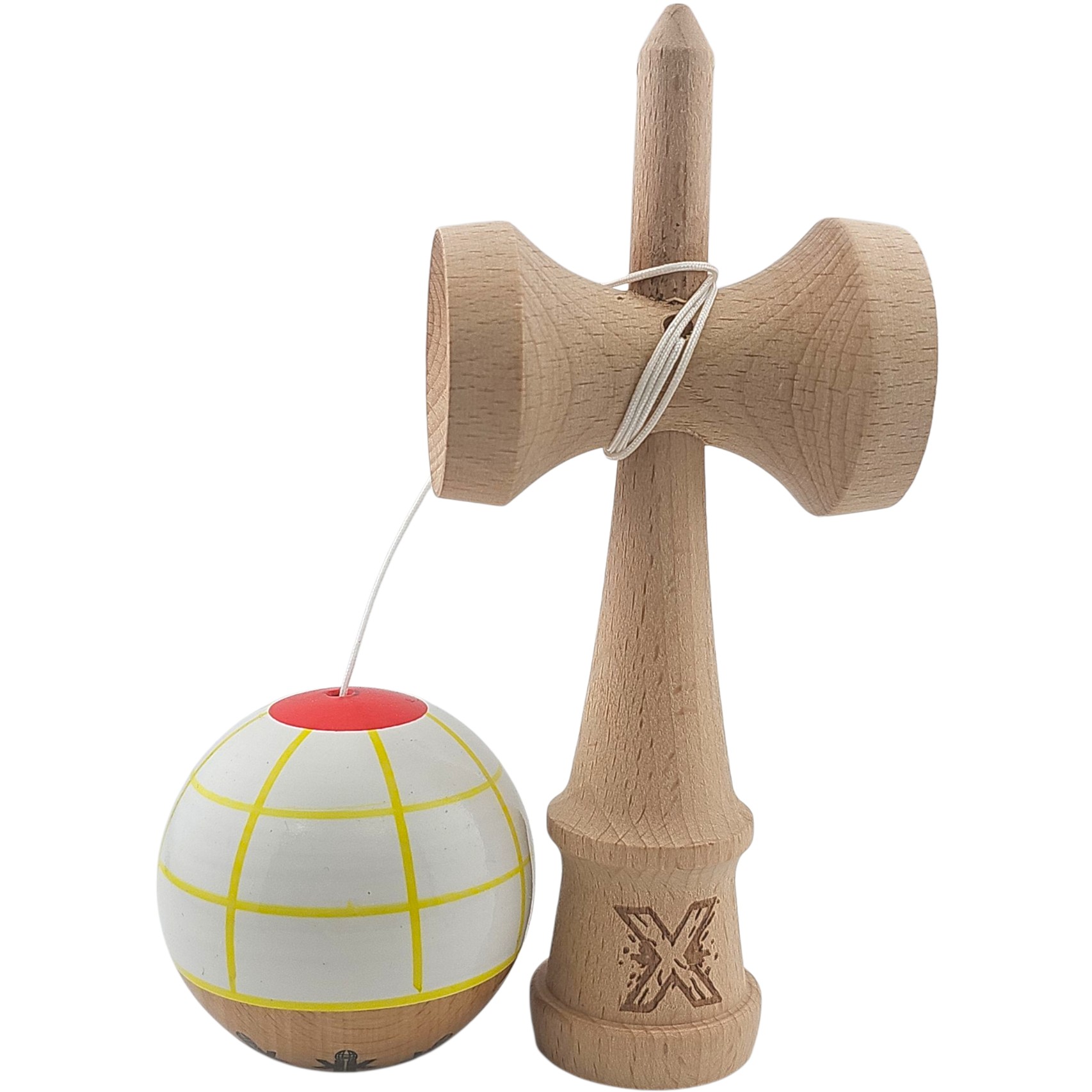 Kendama X Originala, Profesionala, Flippy, din Lemn, Super Sticky, 18 cm, Alb/Galben/Rosu - imagine 2