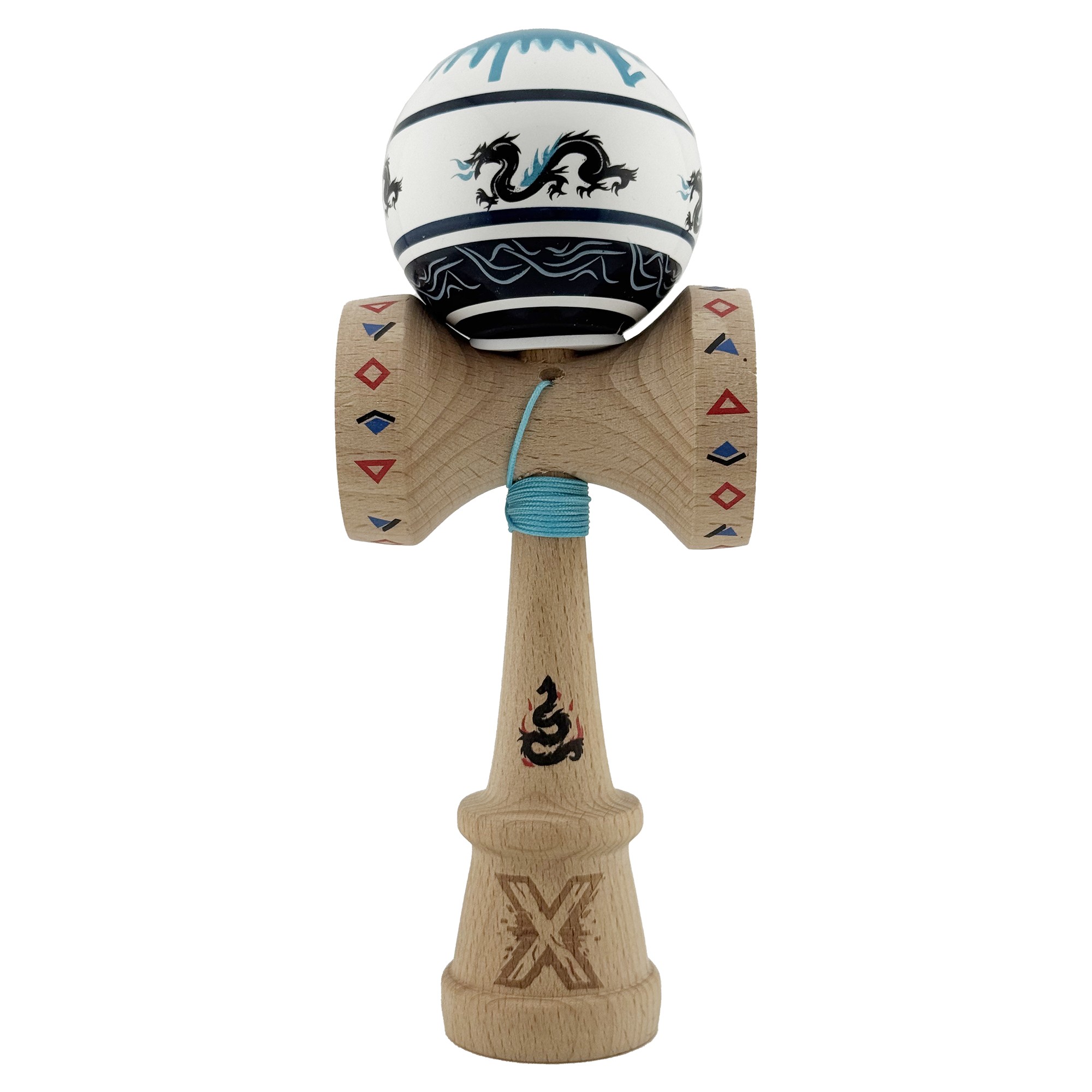 Kendama X Originala, Profesionala, Flippy, DRAGON Series, Super Sticky cu Cupe Mari King Size V3, Rulment Metalic si Gaura in Baza, din Lemn 18 cm, Ata 62/65 cm, Albastru/Negru - imagine 2