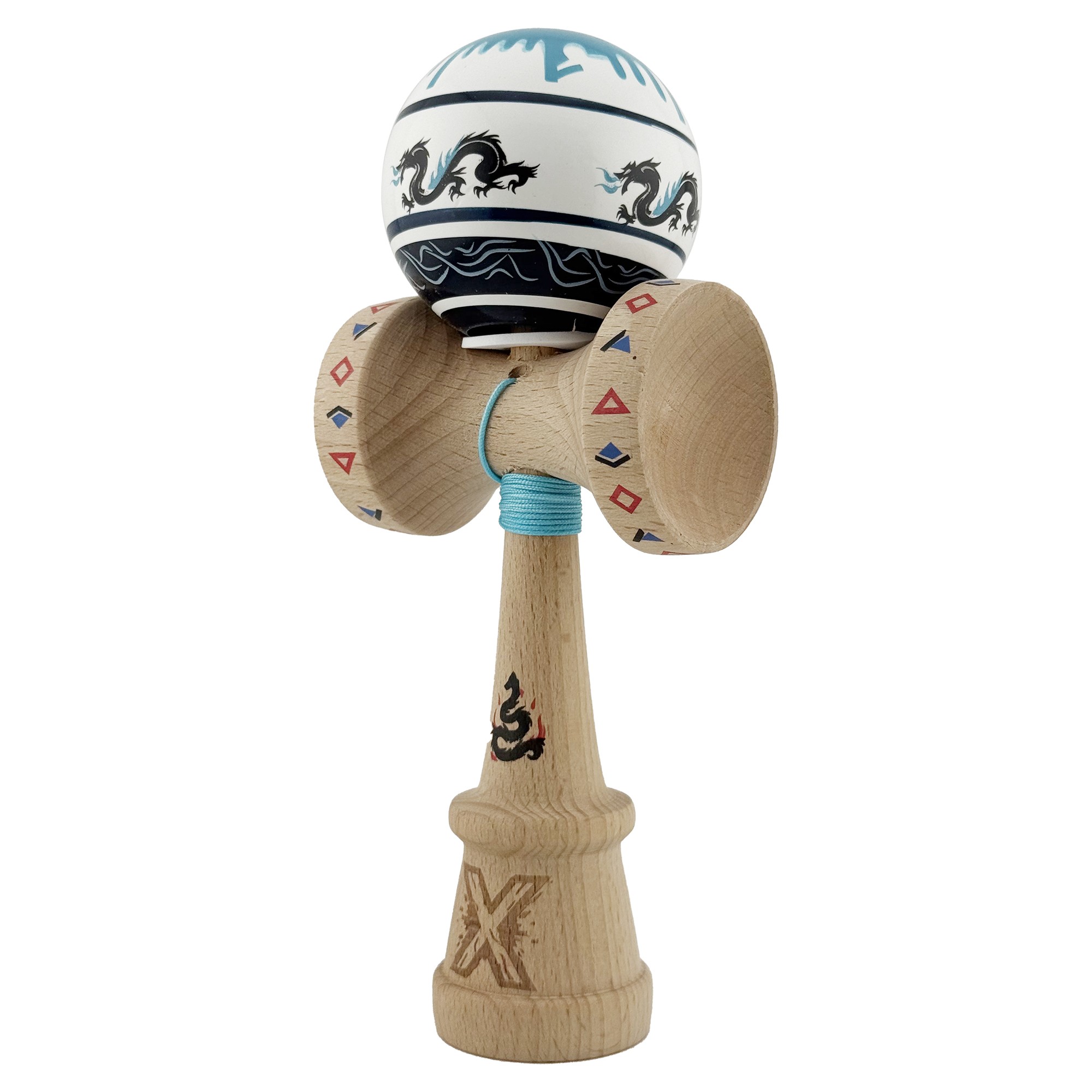 Kendama X Originala, Profesionala, Flippy, DRAGON Series, Super Sticky cu Cupe Mari King Size V3, Rulment Metalic si Gaura in Baza, din Lemn 18 cm, Ata 62/65 cm, Albastru/Negru - imagine 3