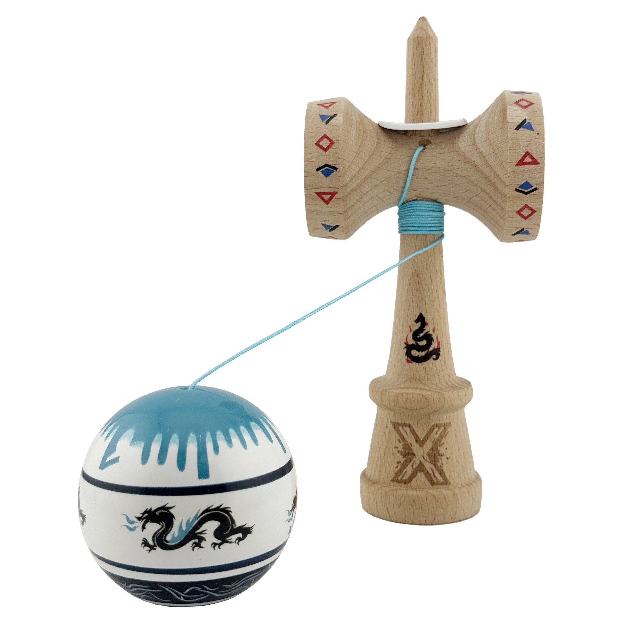 Kendama X Originala, Profesionala, Flippy, DRAGON Series, Super Sticky cu Cupe Mari King Size V3, Rulment Metalic si Gaura in Baza, din Lemn 18 cm, Ata 62/65 cm, Albastru/Negru - imagine 4