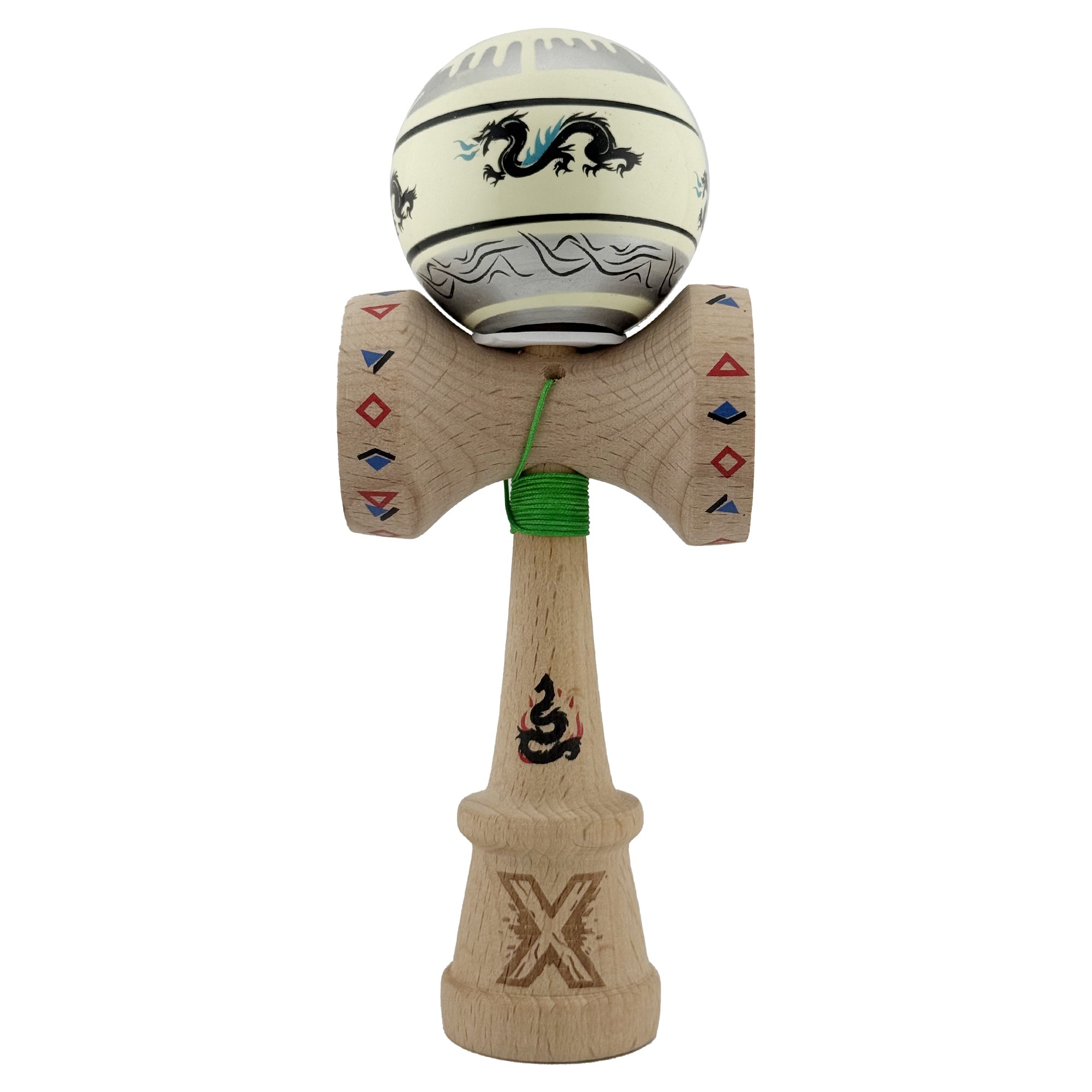 Kendama X Originala, Profesionala, Flippy, DRAGON Series, Super Sticky cu Cupe Mari King Size V3, Rulment Metalic si Gaura in Baza, din Lemn 18 cm, Ata 62/65 cm, Gri/Verde deschis - imagine 2