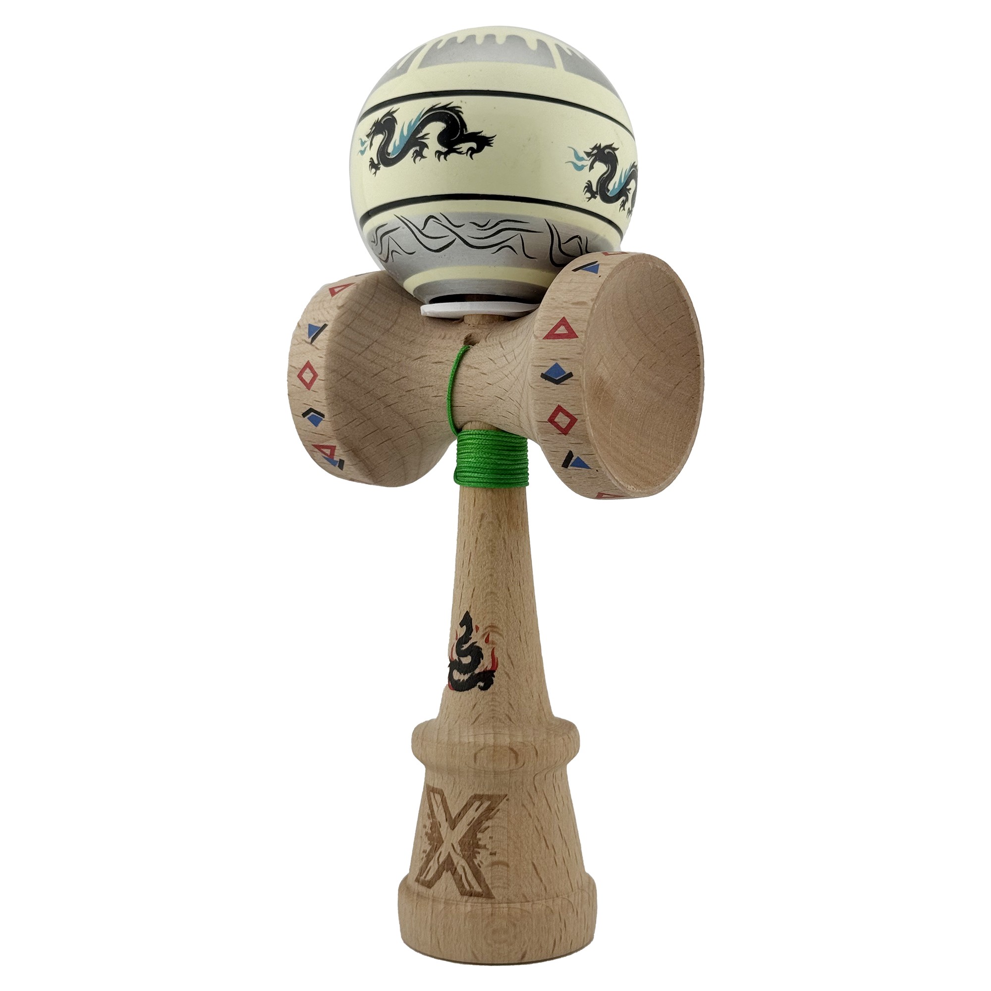 Kendama X Originala, Profesionala, Flippy, DRAGON Series, Super Sticky cu Cupe Mari King Size V3, Rulment Metalic si Gaura in Baza, din Lemn 18 cm, Ata 62/65 cm, Gri/Verde deschis - imagine 3