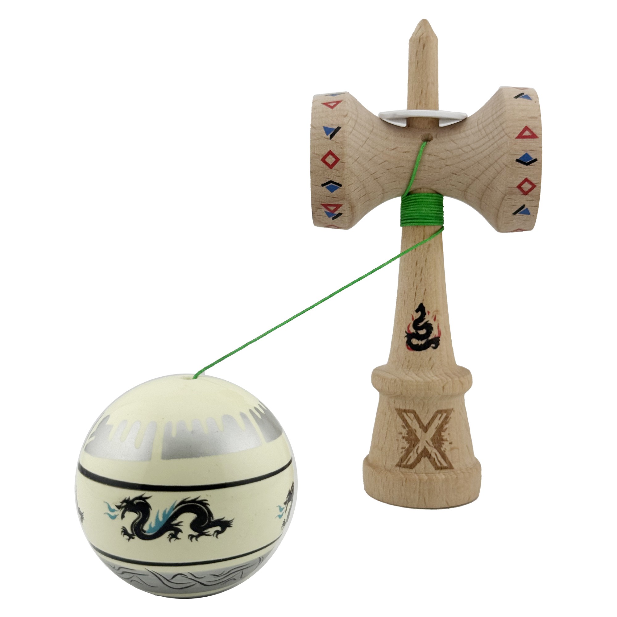 Kendama X Originala, Profesionala, Flippy, DRAGON Series, Super Sticky cu Cupe Mari King Size V3, Rulment Metalic si Gaura in Baza, din Lemn 18 cm, Ata 62/65 cm, Gri/Verde deschis - imagine 4