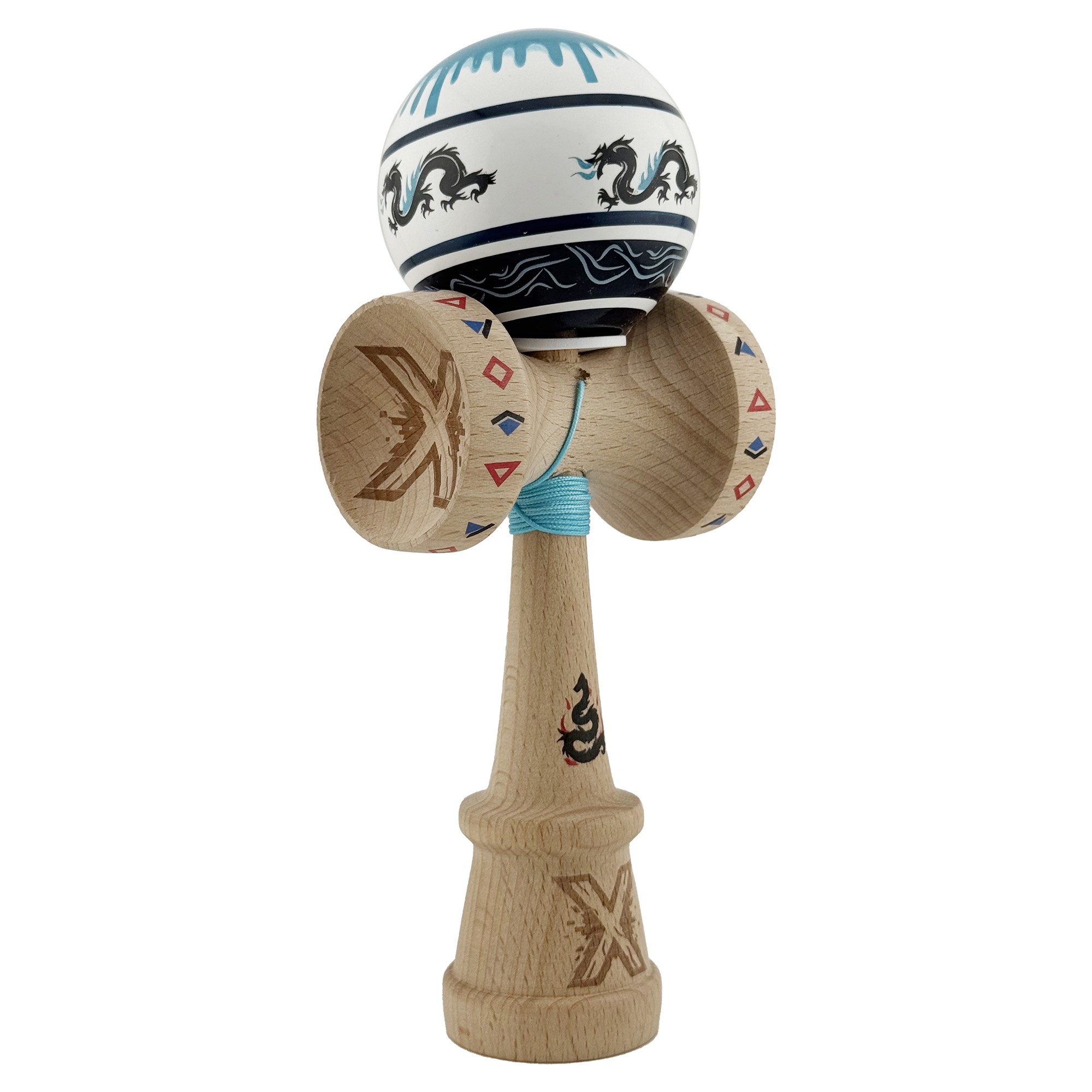 Kendama X Originala, Profesionala, Flippy, DRAGON Series, Super Sticky cu Cupe Mari King Size V3, Rulment Metalic si Gaura in Baza, din Lemn 18 cm, Ata 62/65 cm, Albastru/Negru
