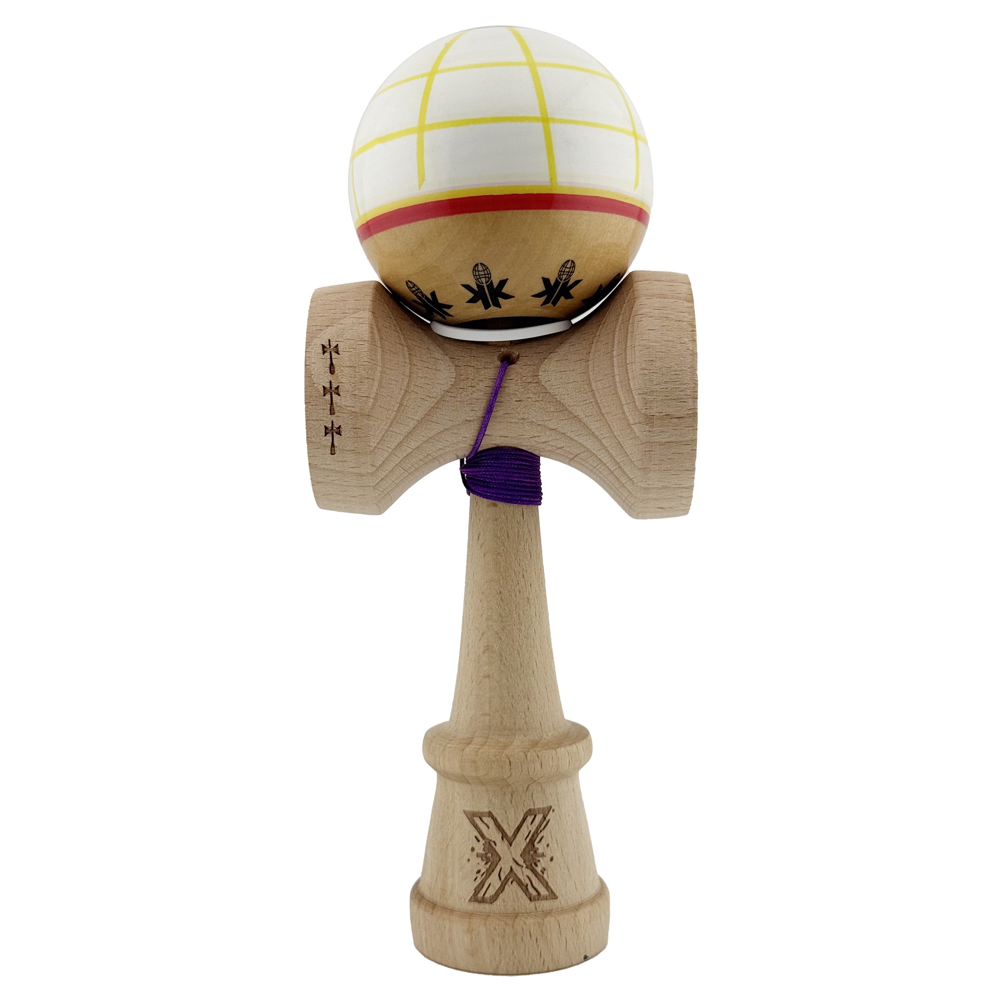 Kendama X Originala, Profesionala, Flippy, Legendary Glob, Cupe Mari KING SIZE V3, Super Sticky, Gaura in Baza, Rulment Metalic, din lemn 18 cm, Ata 62/65 cm, Alb/Galben/Rosu - imagine 2